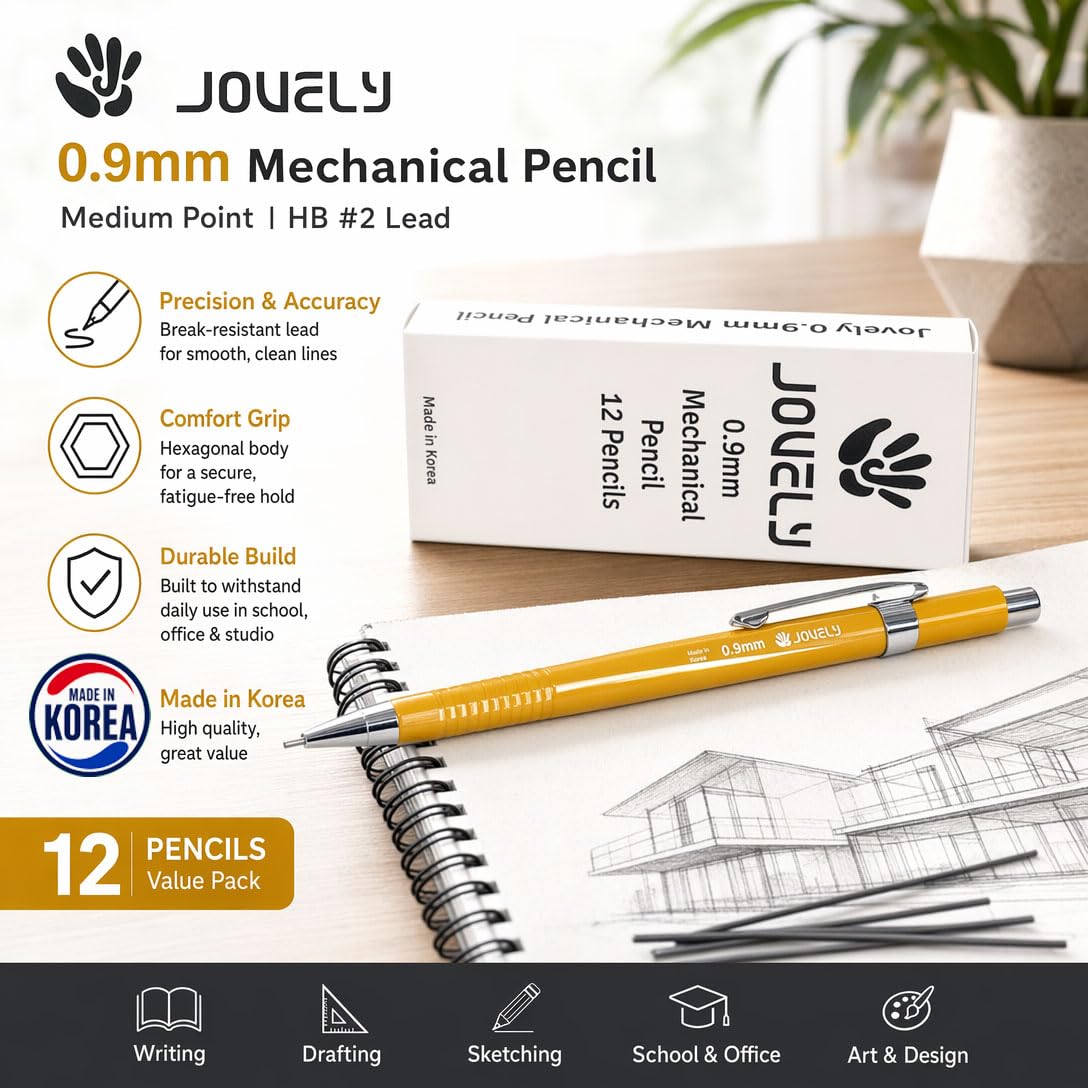JOVELY 0.9mm Mechanical Pencils, HB #2, Yellow, 12 Count, Made in Korea