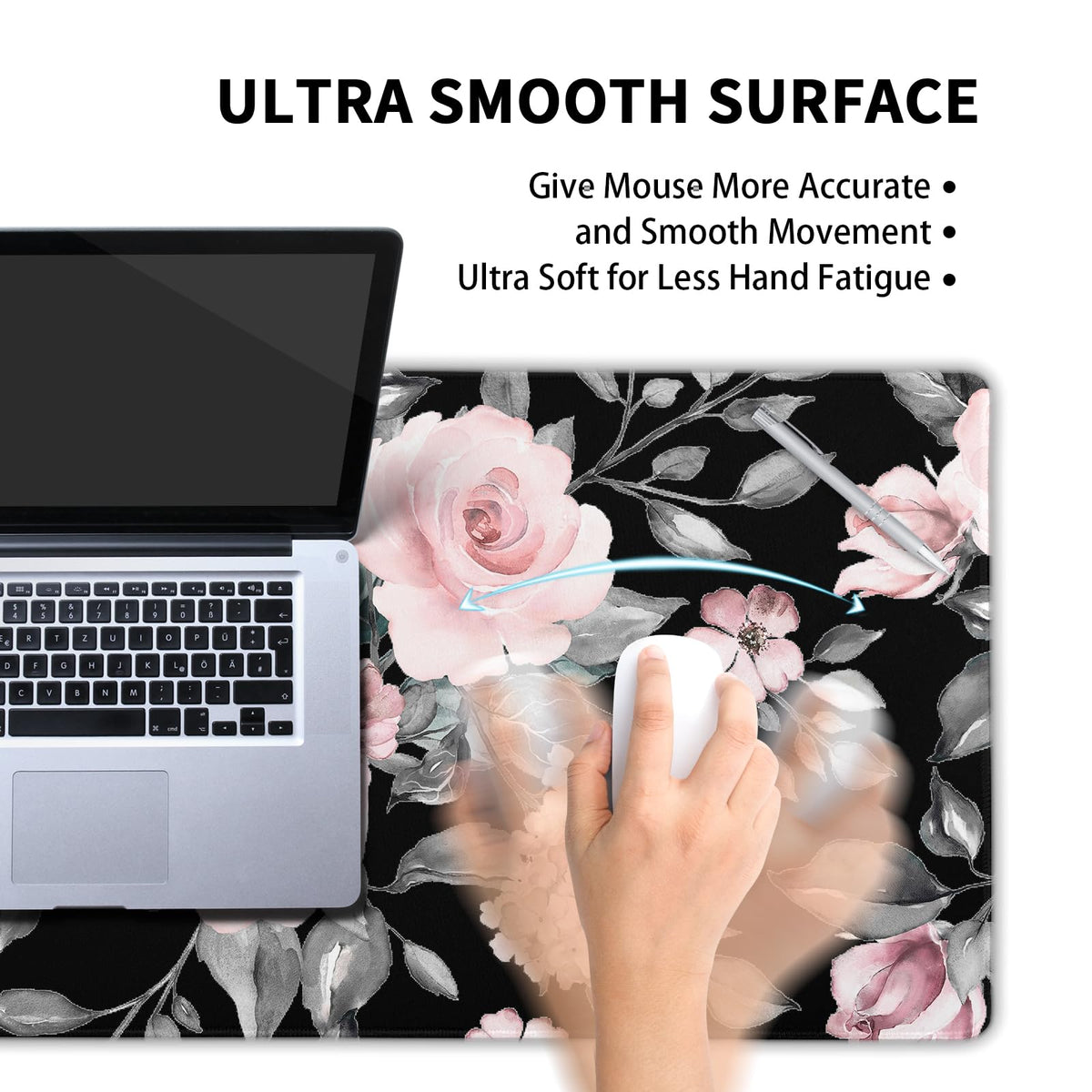 Floral Extended Gaming Mouse Pad Non-Slip Rubber Base Black Large Mousepad 31.5x11.8in with