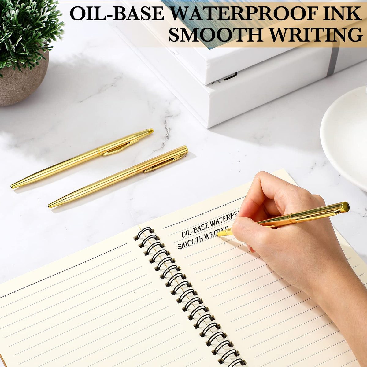Fuutreo 100 Pack Gold Pens Bulk Metal Slim Ballpoint Retractable Black Ink