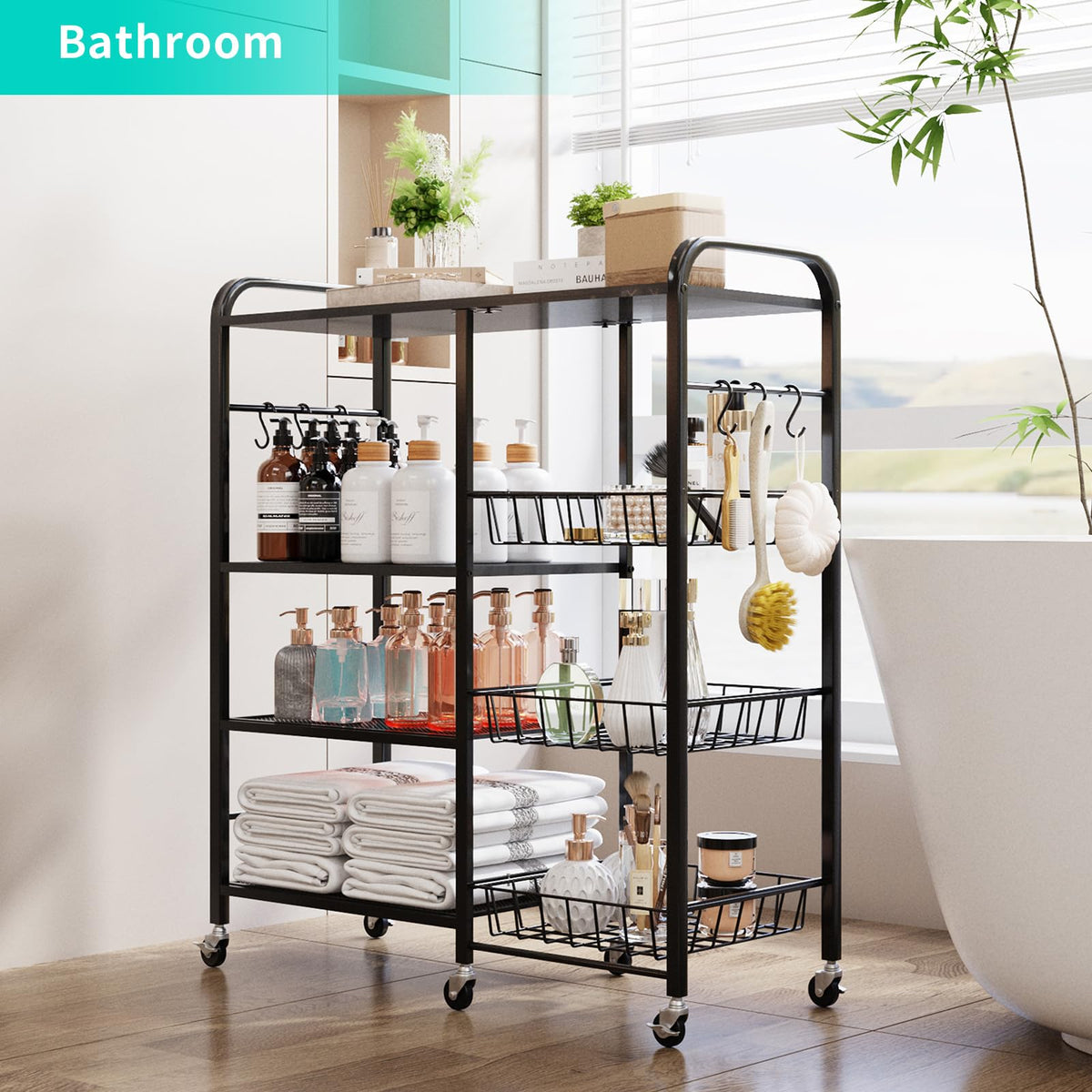 HapiRm Rolling Kitchen Microwave Cart - 4 Tier Microwave Table Stand with Pull-Out Baskets, Coffee