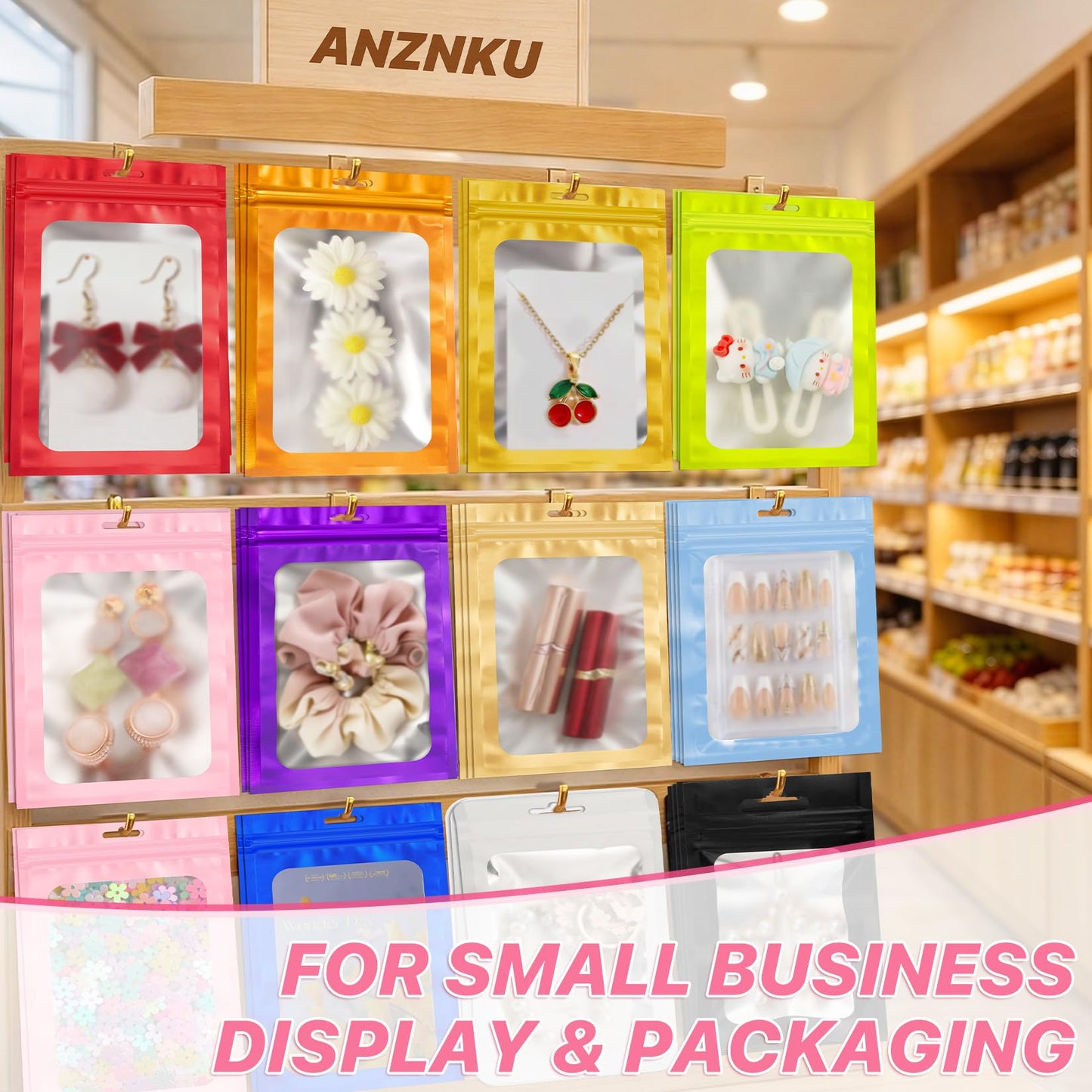 ANZNKU 100Pcs Pink Mylar Bags, Resealable Smell Proof Zip Goodie Baggies