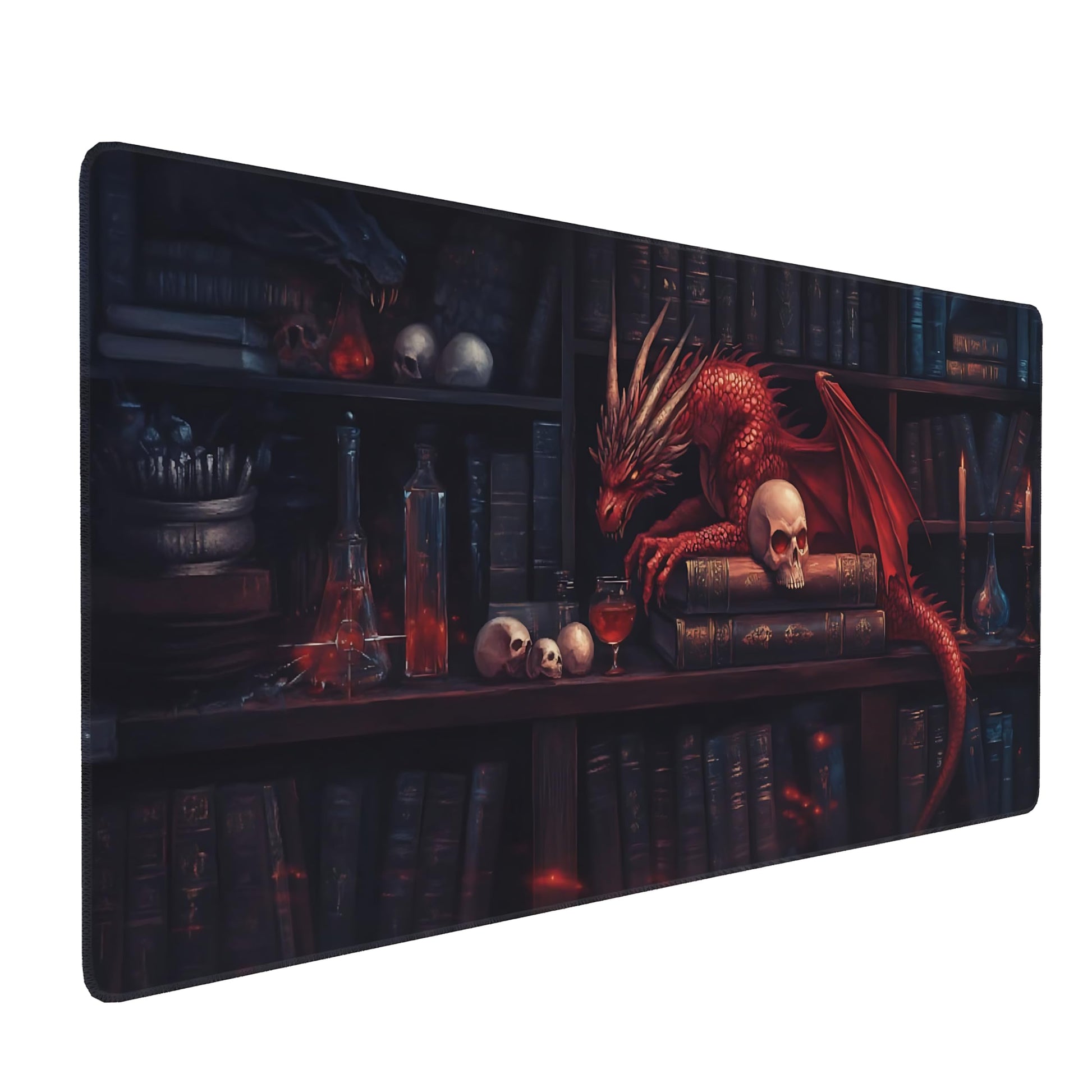 Aesthetic Dragon Gaming Mouse Pad, Ink Blue Red Mystical Desk Mat with Anti-Slip Base & Stitched