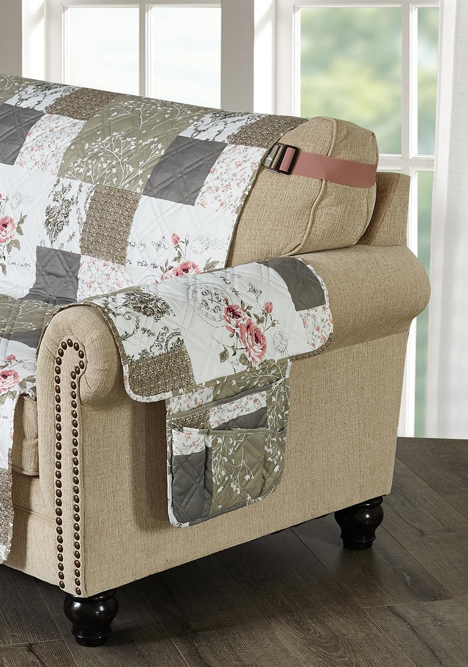 Brilliant Sunshine Pink Rose & Grey Toile Couch Armrest Cover, 35"×13"