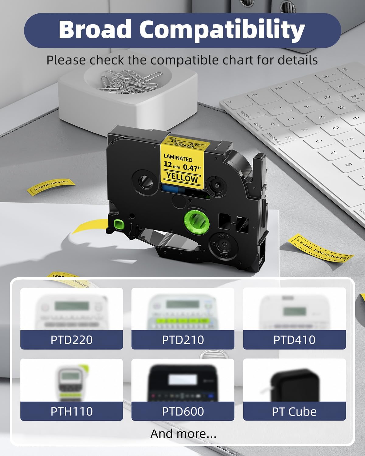 TZe-631 Black on Yellow Tape 12mm Compatible for Brother PTouch Label Maker