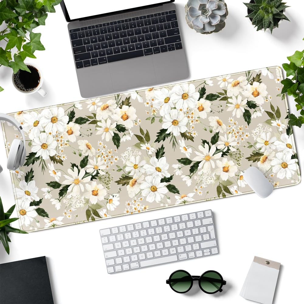 Daisy Floral Daisies Large Mouse Pad Watercolor Flowers Desk Mat, Washable Mousepad LYC Cloth
