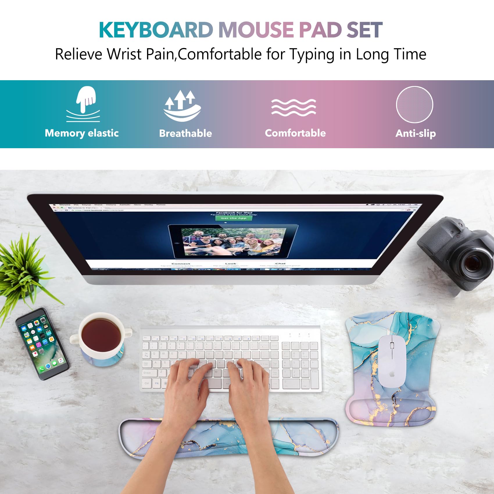 AIMSA Mouse Pad Wrist Support Set Keyboard Wrist Rest, Ergonomic Memory Foam Non-Slip Base Easy