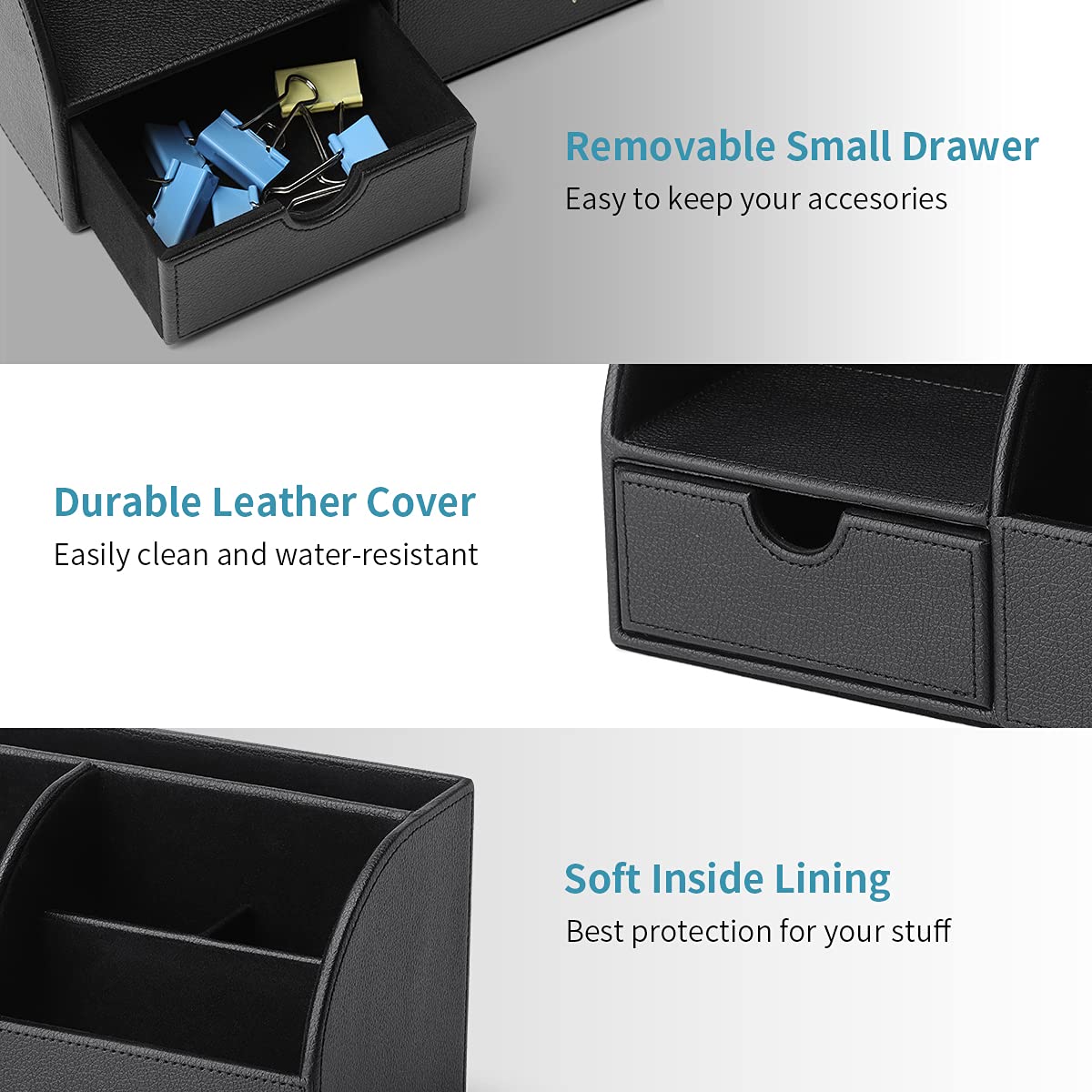 VLANDO Desk Organizer with Drawer, Leather Office Storage Caddy, Black