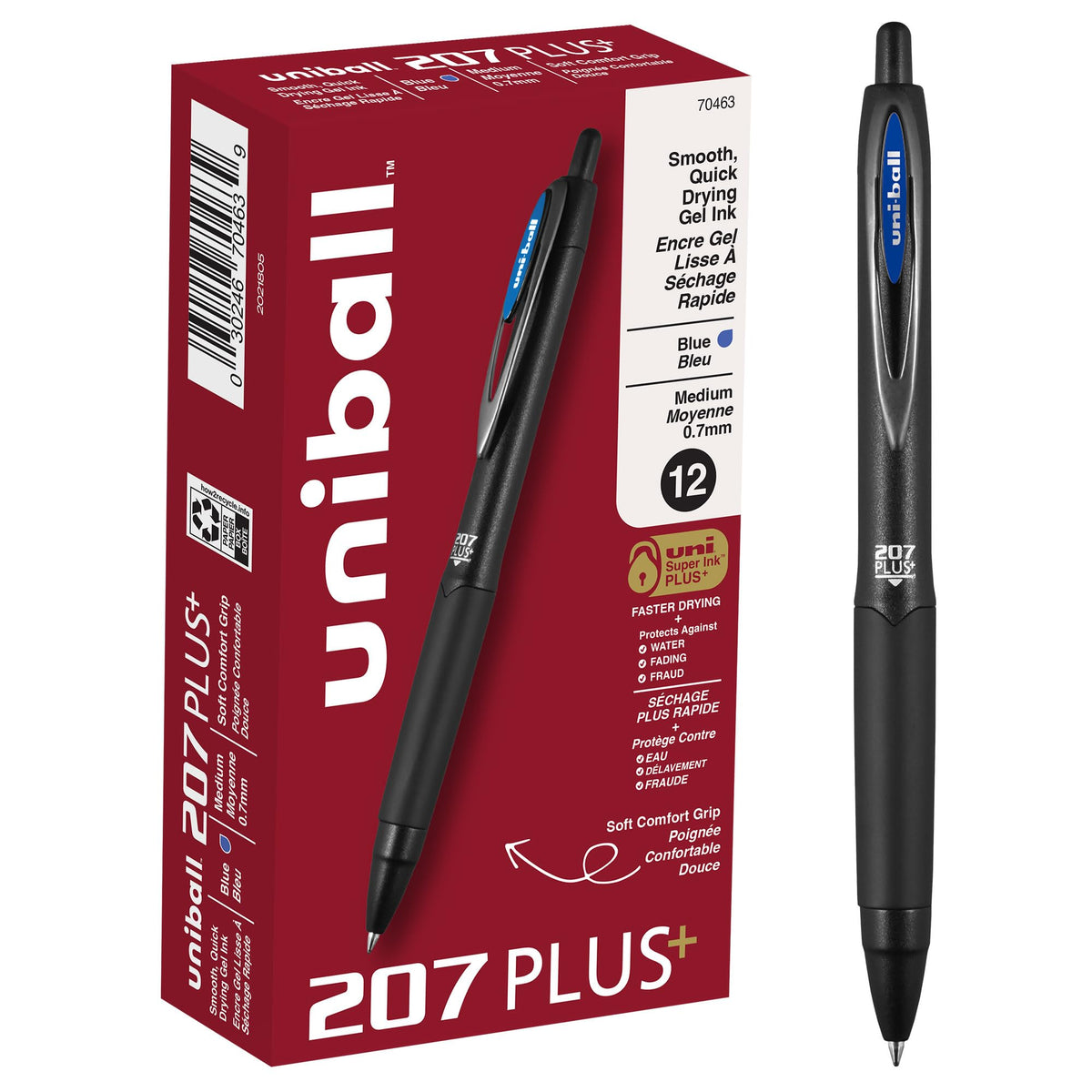 uniball™ 207 Plus+ Gel Pens, Blue Ink, 0.7mm Medium Point, 12 Count