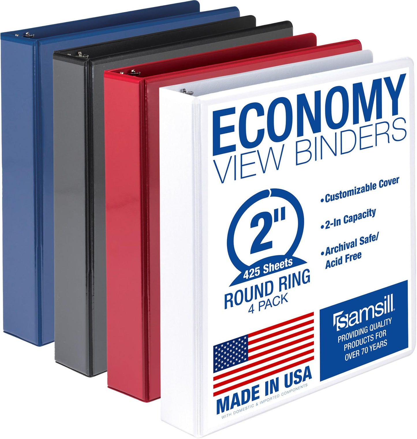 Samsill 2 Inch 3 Ring Binders, Economy Round Ring, Clear View Cover, 425 Sheet Capacity - for