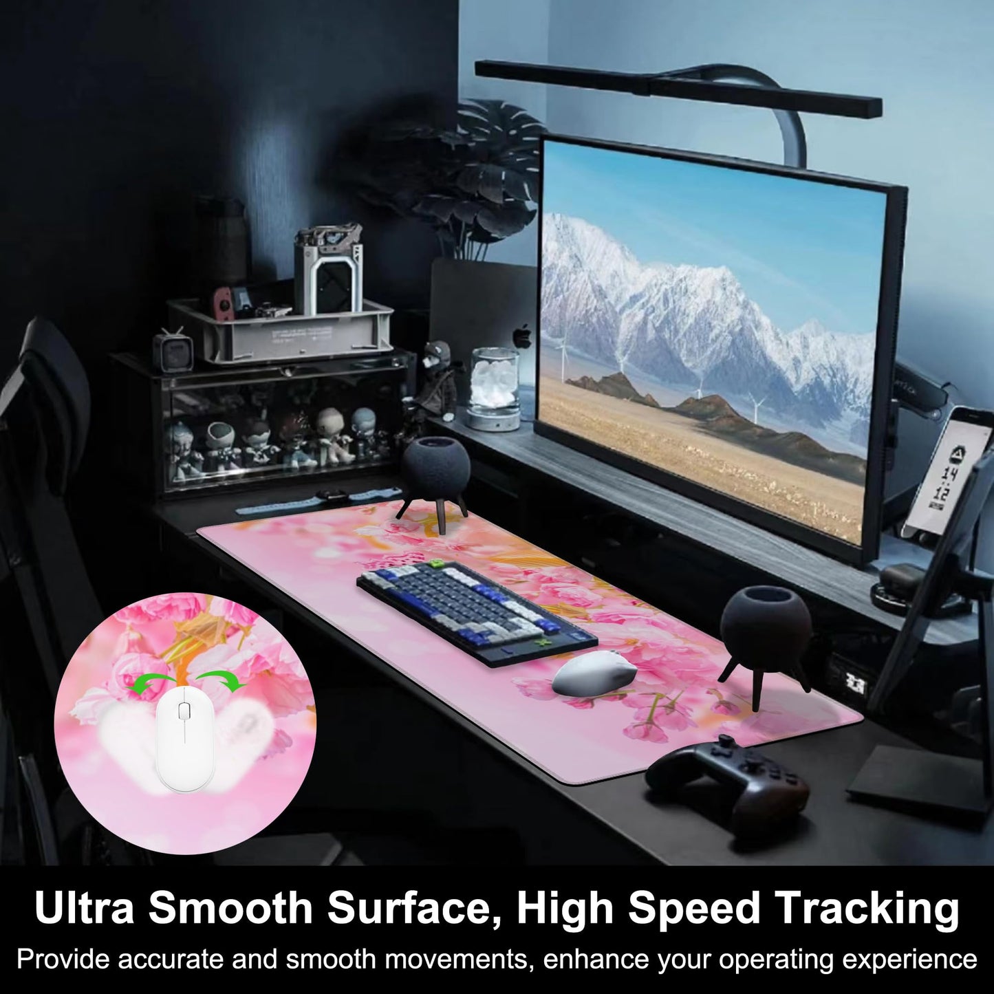 Mouse Pad, Large Pink Sakura and Butterfly Desk Mat, Extended Non-Slip Gaming Keyboard Mousepad