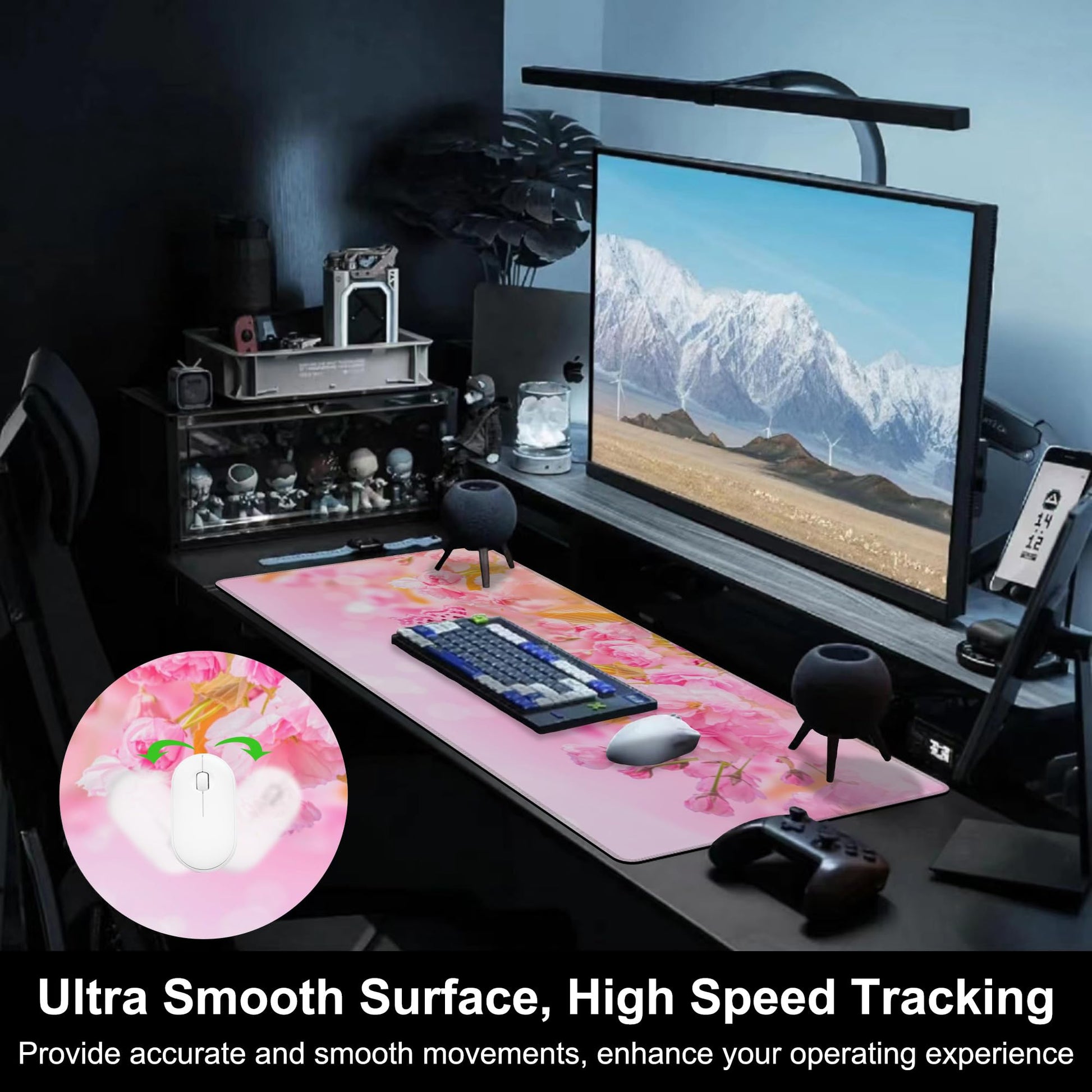 Mouse Pad, Large Pink Sakura and Butterfly Desk Mat, Extended Non-Slip Gaming Keyboard Mousepad