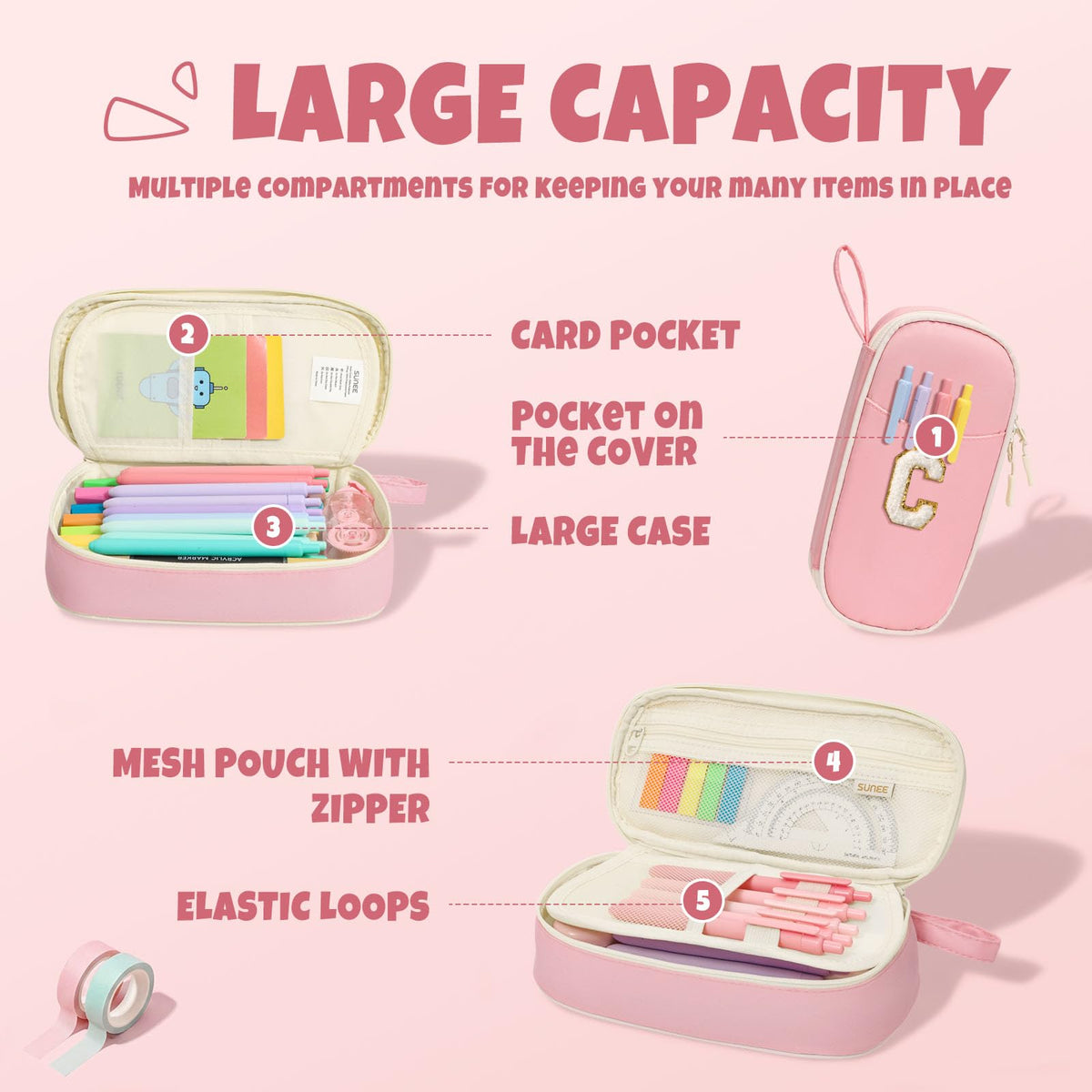 SUNEE Cute Pencil Case, Kawaii Big Capacity Pencil Pouch, Personalized Initial Pencil Bag with
