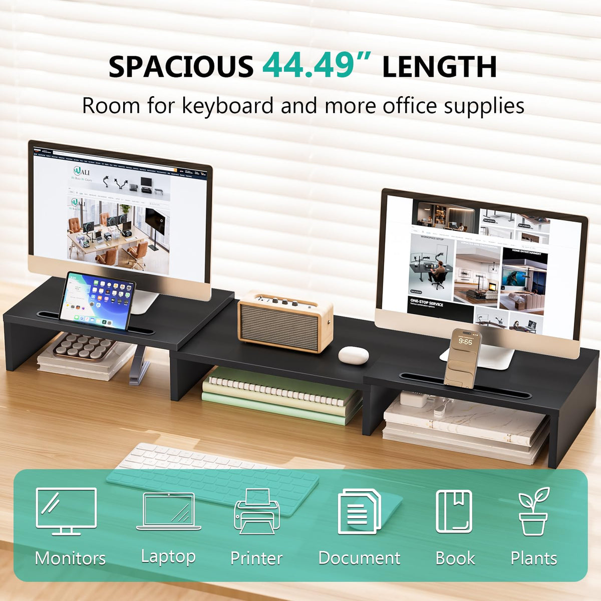 WALI Extra Long Wooden Dual Monitor Stand Riser with 2 Slots, up to 22lbs