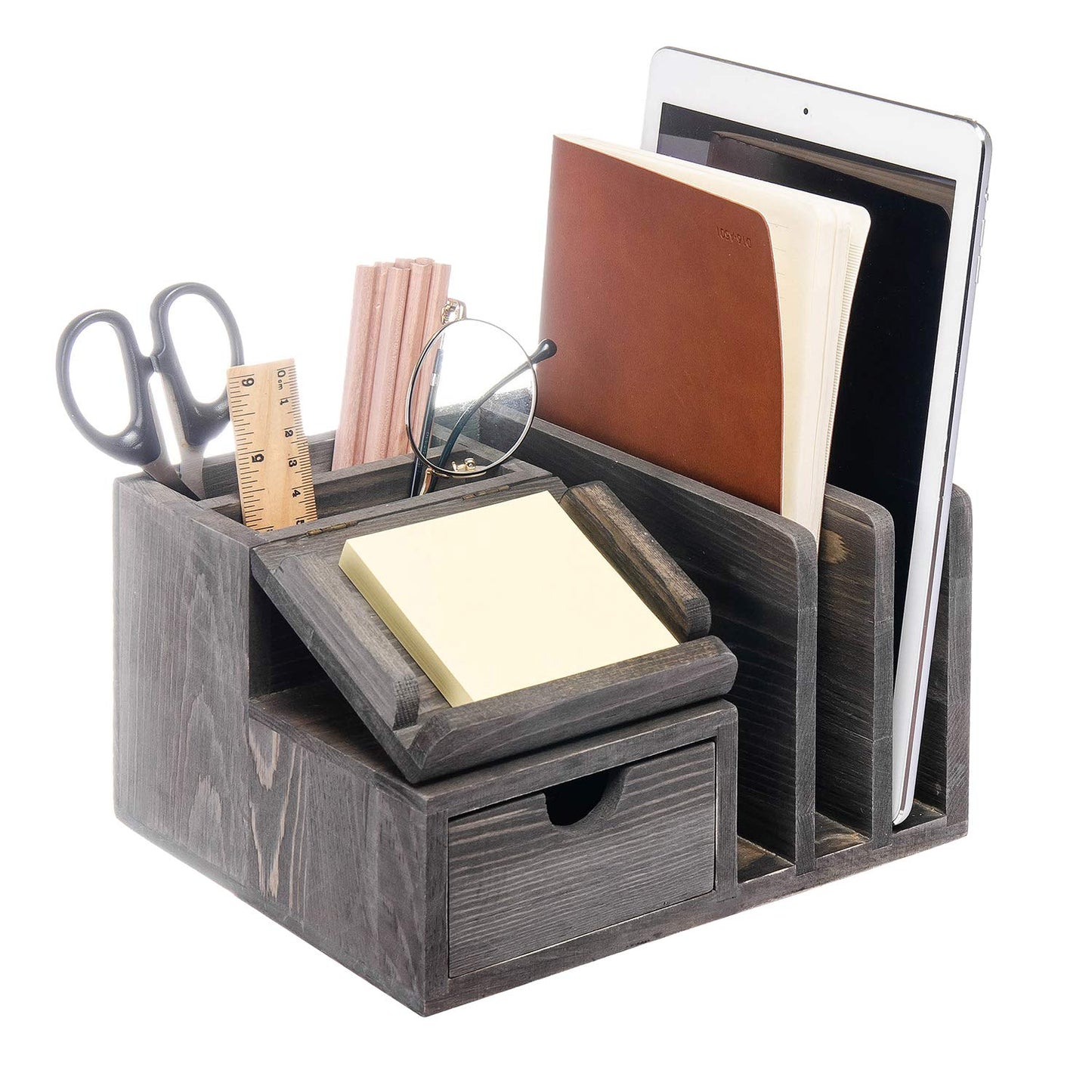 Liry Products Gray Rustic Wood Desk Organizer Storage Cabinet Mail File Paper Sticky Note Memo Pad