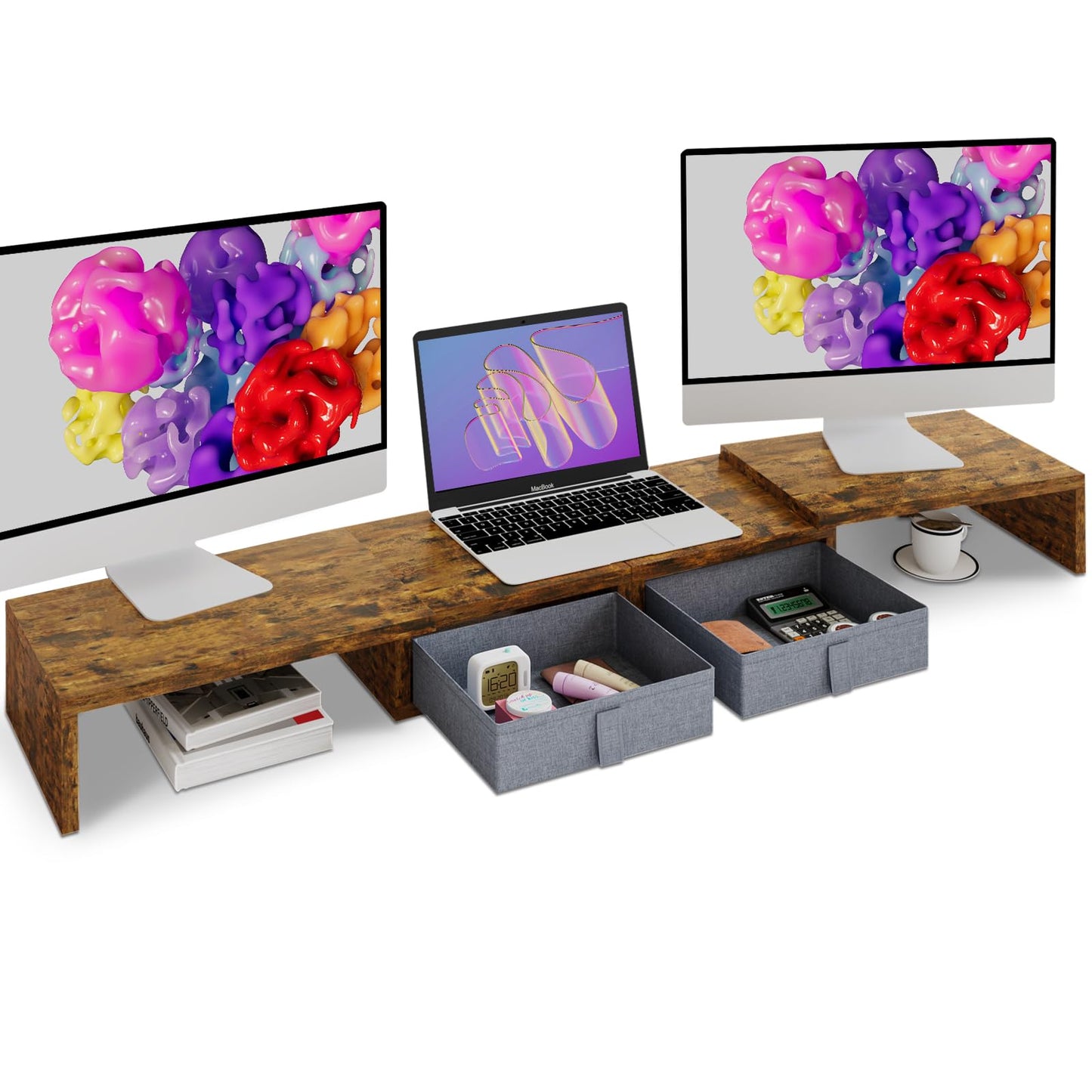 TEAMIX Dual Monitor Stand Riser - Length and Angle Adjustable White Monitor Stand with 2 Drawers to