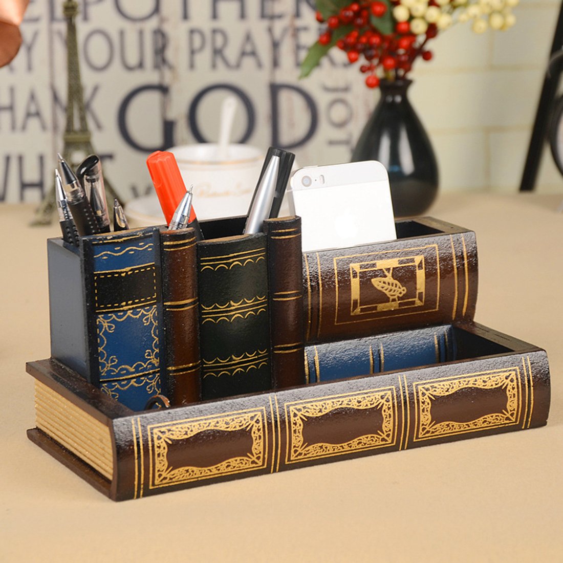 Tosnail Decorative Pen Holder with Storage Compartment, Wooden Pencil Holder and Organizer, Antique
