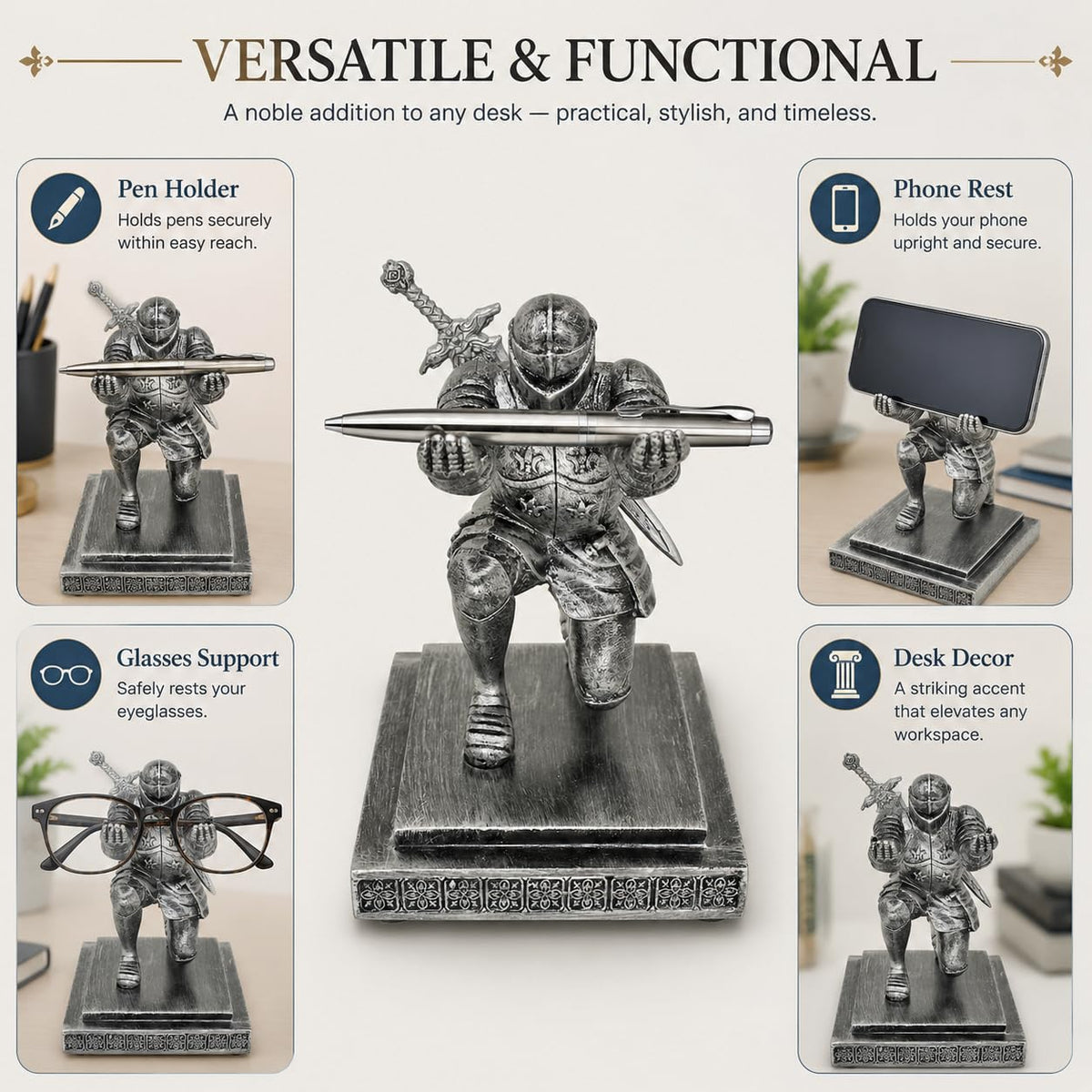 Miyolo Knight Pen Holder with a Sword & Pen Kneeling Medieval Soldier Pencil Stand Desk Organizers