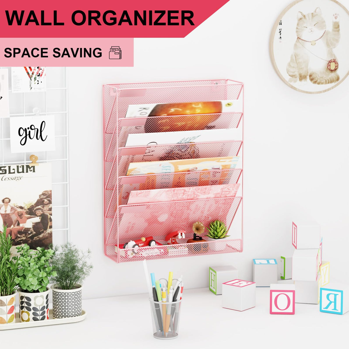 GDINDINFAN Wall File Organizer Holder Mesh Hanging Paper Document Holder, Vertical 6 Pocket Tier