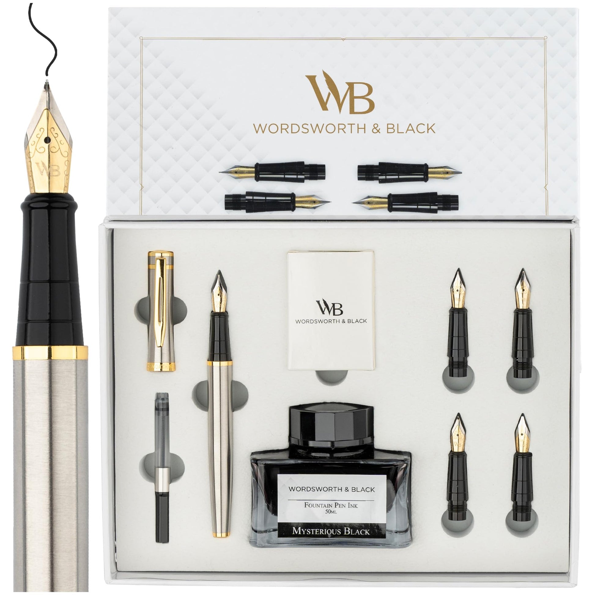 Wordsworth & Black Luxury Fountain Pen Set for Writing, 6 Nibs, Silver Gold