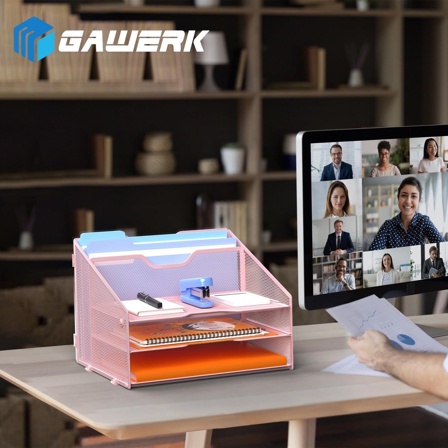 GAWERK Letter Tray Organizer, Mesh Desk File Organizer with 3 Paper Trays and 2 Vertical Upright