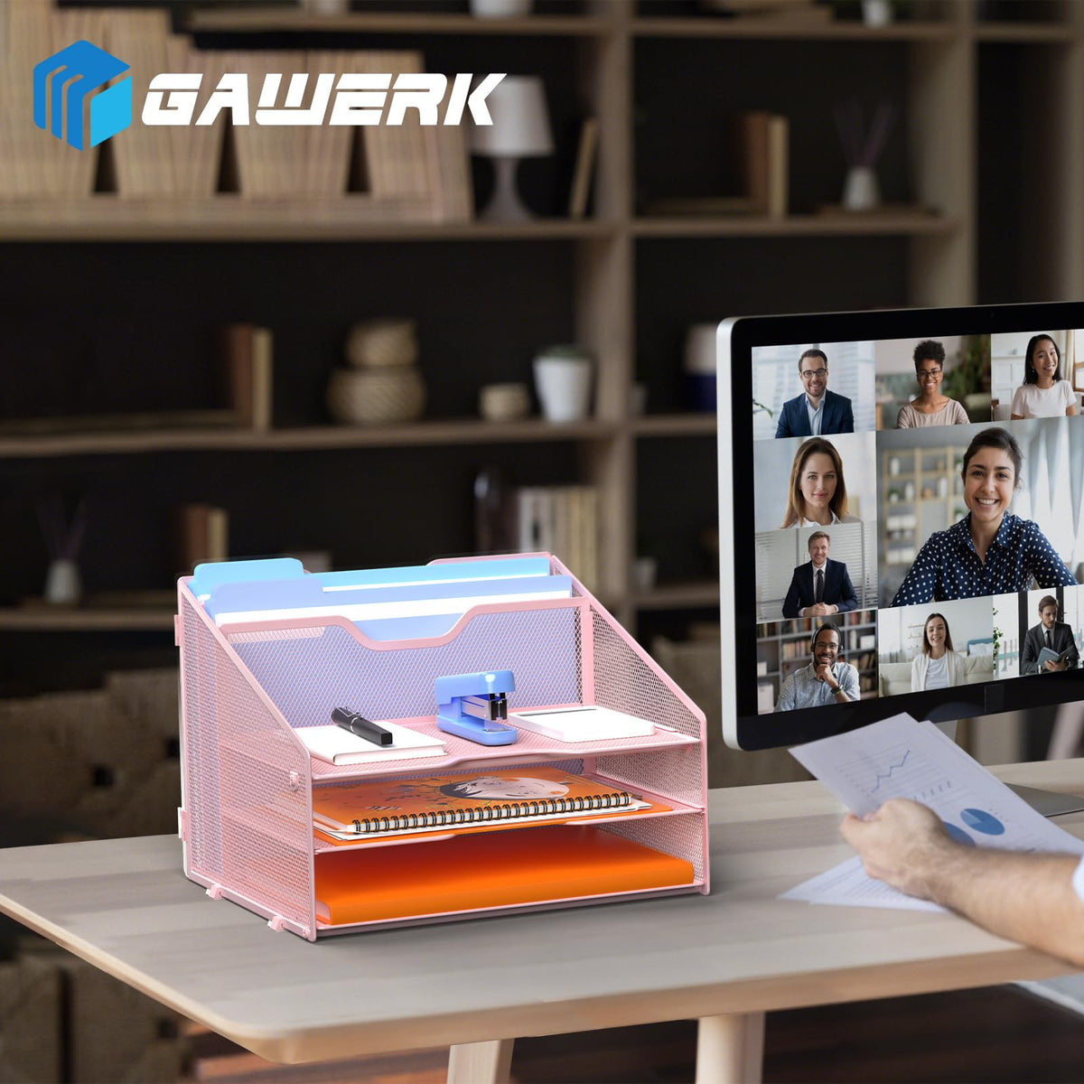 GAWERK Letter Tray Organizer, Mesh Desk File Organizer with 3 Paper Trays and 2 Vertical Upright
