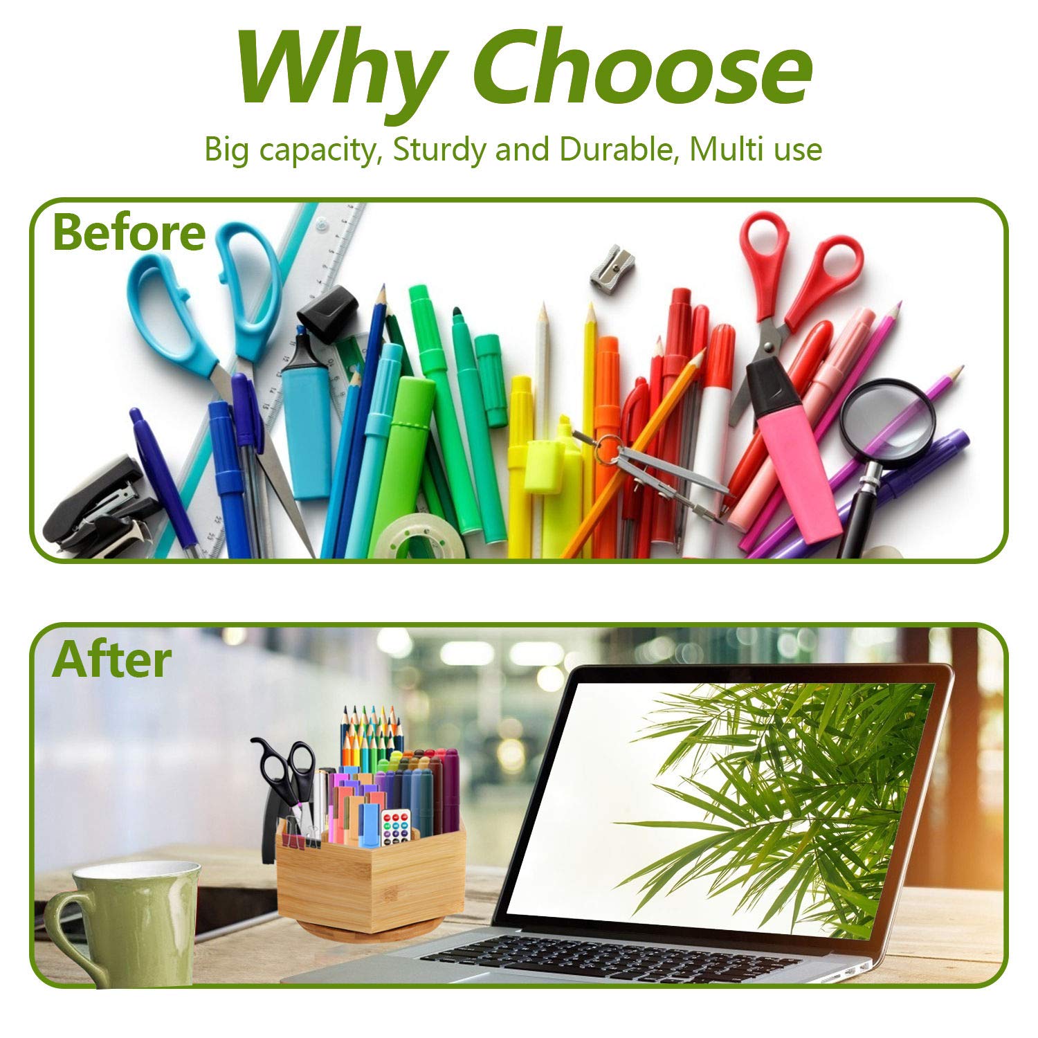 Marbrasse Bamboo Art Supply Organizer, Rotating Pencil Pen Holder, Office Supplies Desktop Storage