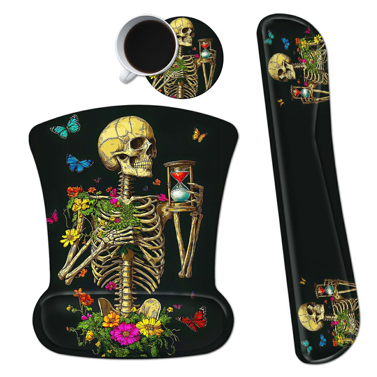 Ergonomic Memory Foam Keyboard Wrist Rest Pad Set, Flower Butterfly Skull