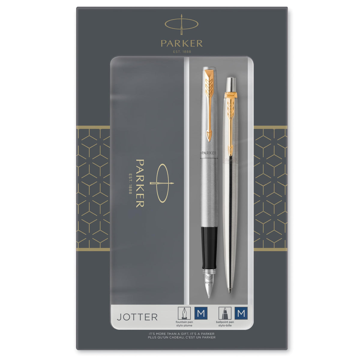 Parker Jotter Duo Gift Set with Ballpoint Pen & Fountain Pen, Stainless Steel with Gold Trim, Blue