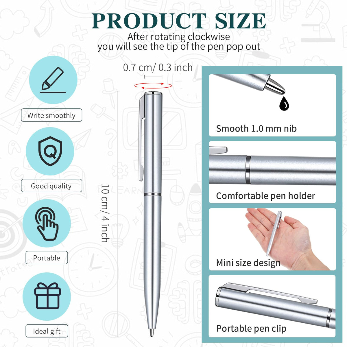 Teling 72 Pcs Small Ballpoint Pen Mini Pens Bulk 4 Inch,Silver