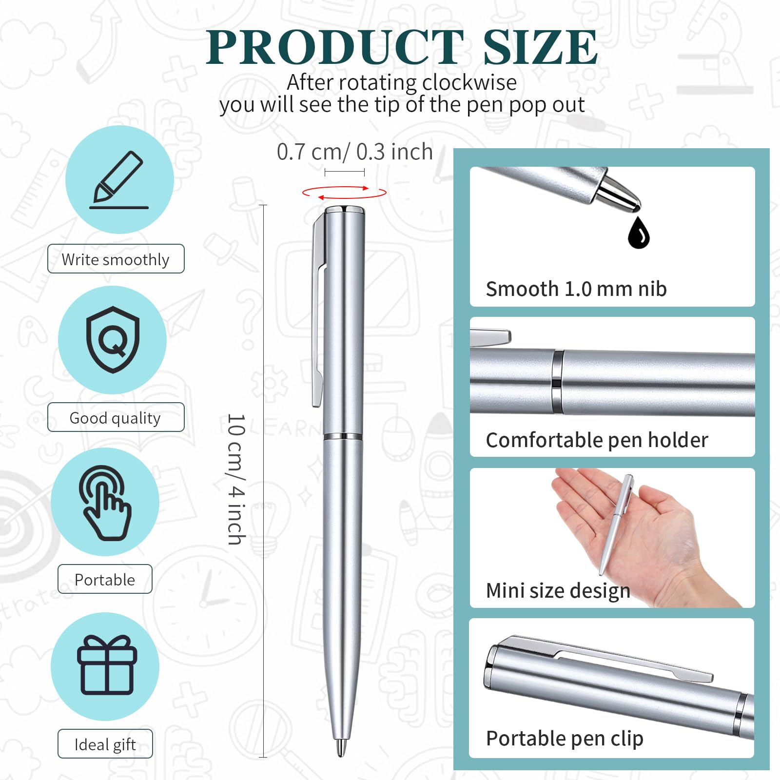 Teling 72 Pcs Small Ballpoint Pen Mini Pens Bulk 4 Inch,Silver