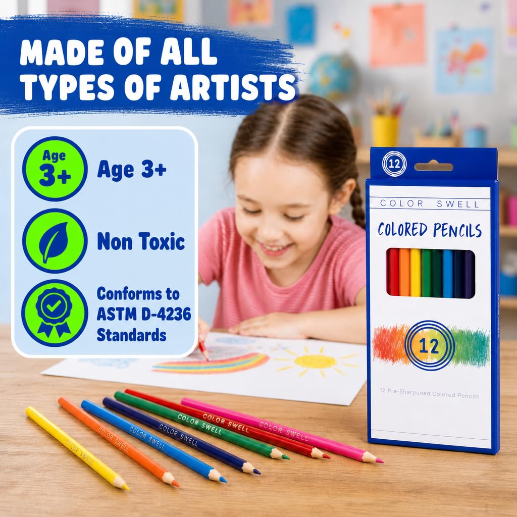 Color Swell Bulk Colored Pencils, Pre-Sharpened, 12 Packs (144 Total)