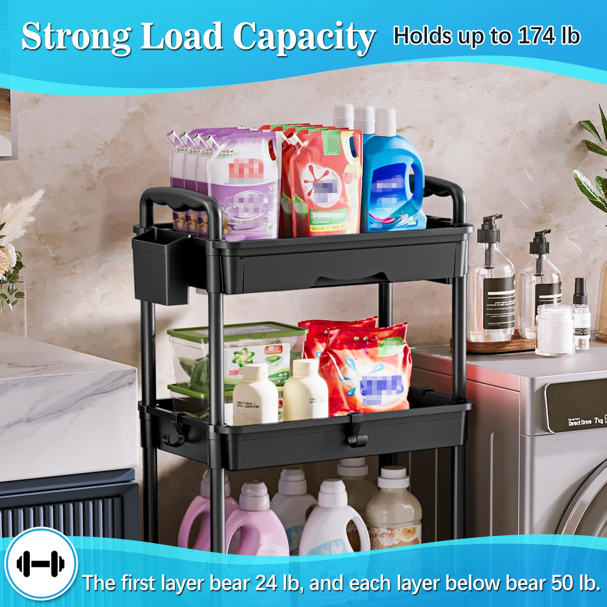SUNALLY 4 Tier Rolling Cart with Drawer, Craft Storage Cart Organizer,Black