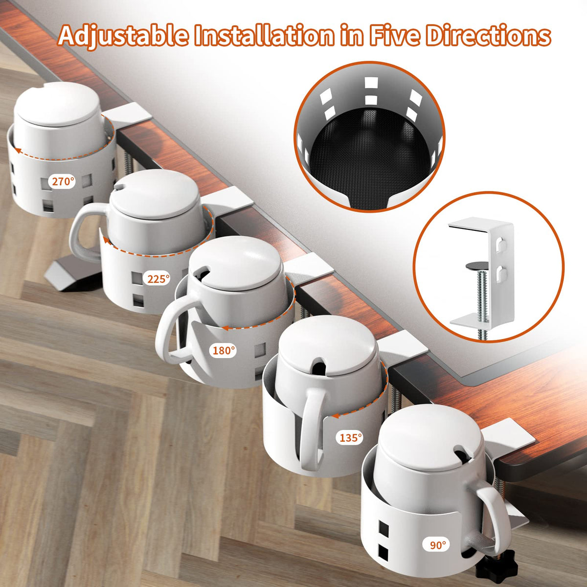 OOKUU Anti-Spill Large Desk Cup Holder Clamp, Metal Table Cup Holder(White)