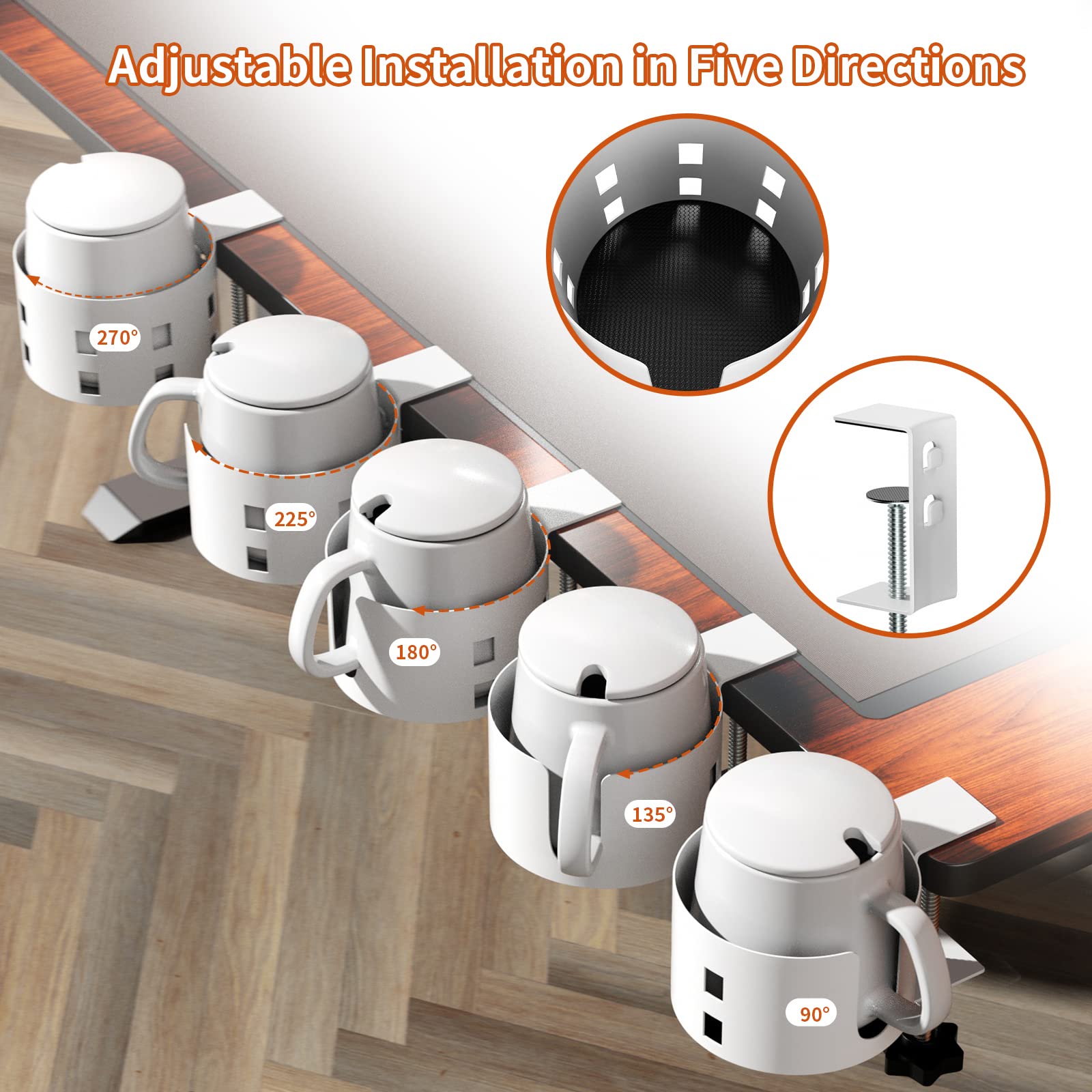OOKUU Anti-Spill Large Desk Cup Holder Clamp, Metal Table Cup Holder(White)