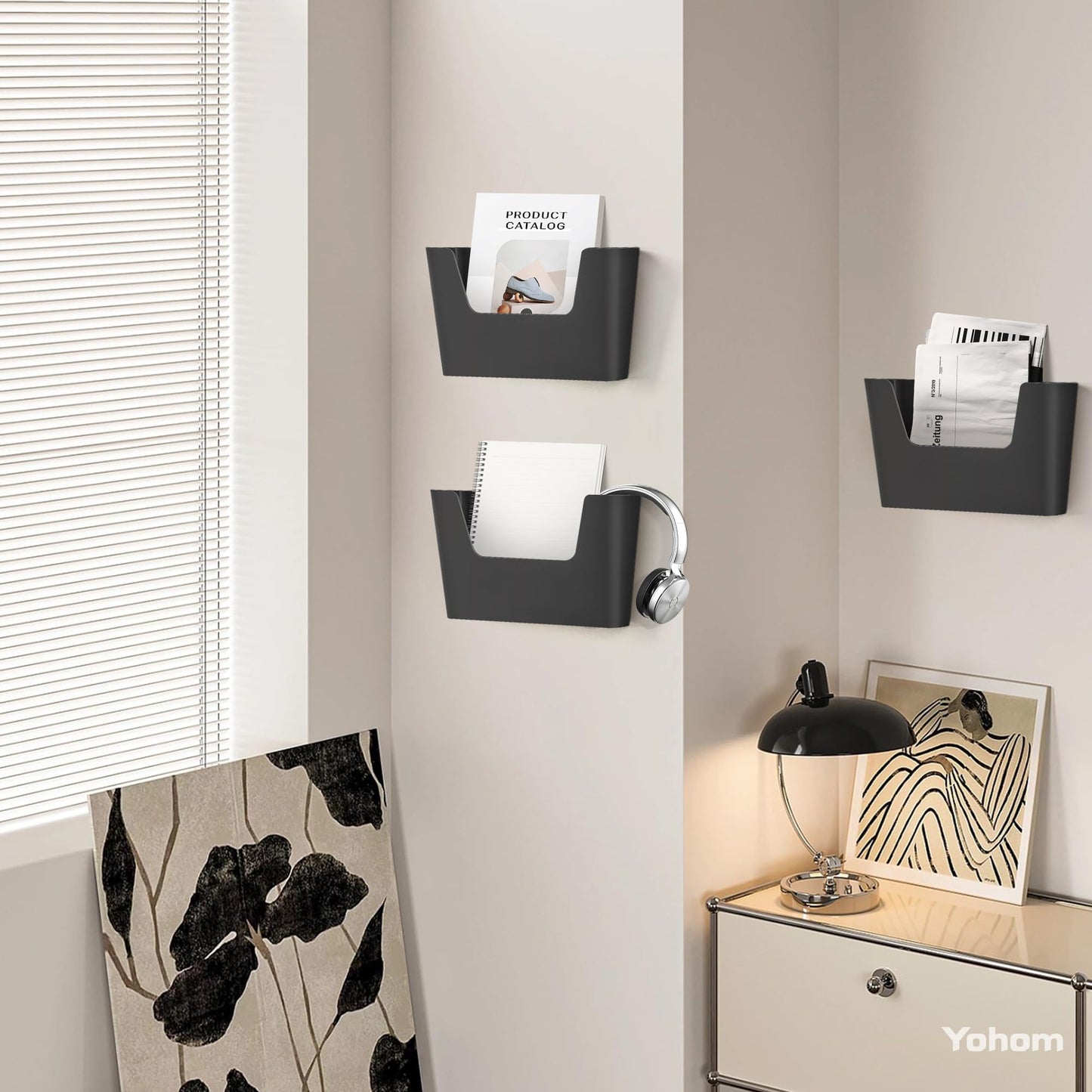 YOHOM Adhesive File Holder Plastic Document Folder Door No Drilling Mount Mail Magazine Organizer