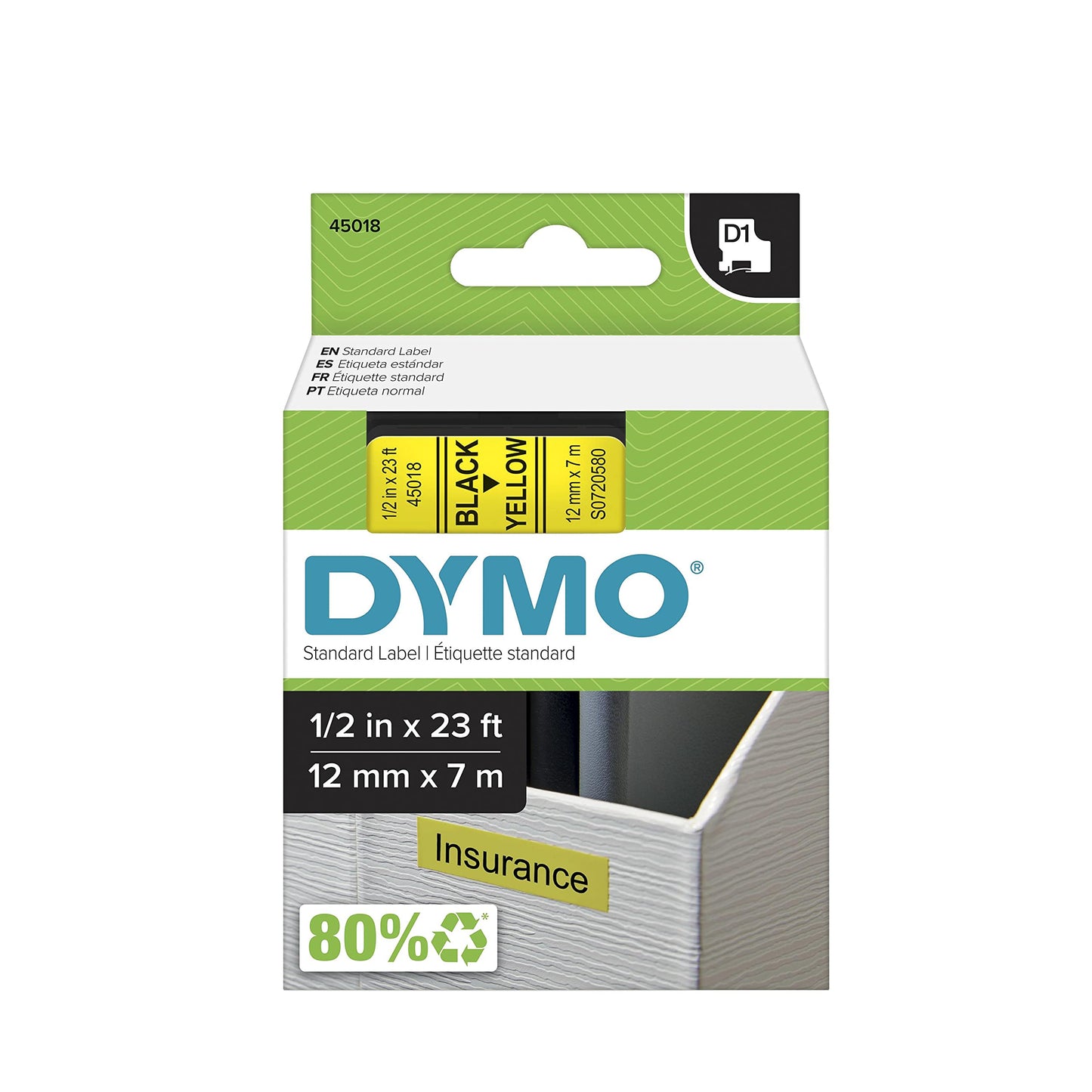 DYMO D1 Standard 45018 Label Maker Tape, 1/2" x 23', Black on Yellow (45018)