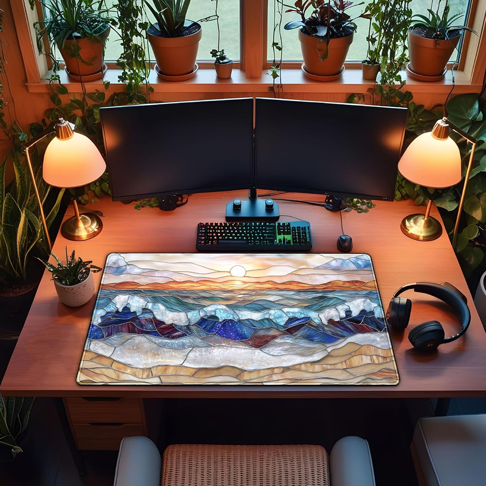 Mountain Sunrise Gaming Mouse Pad Large Desk Mat Extended Mouse and Keyboard Pad, Faux Stained