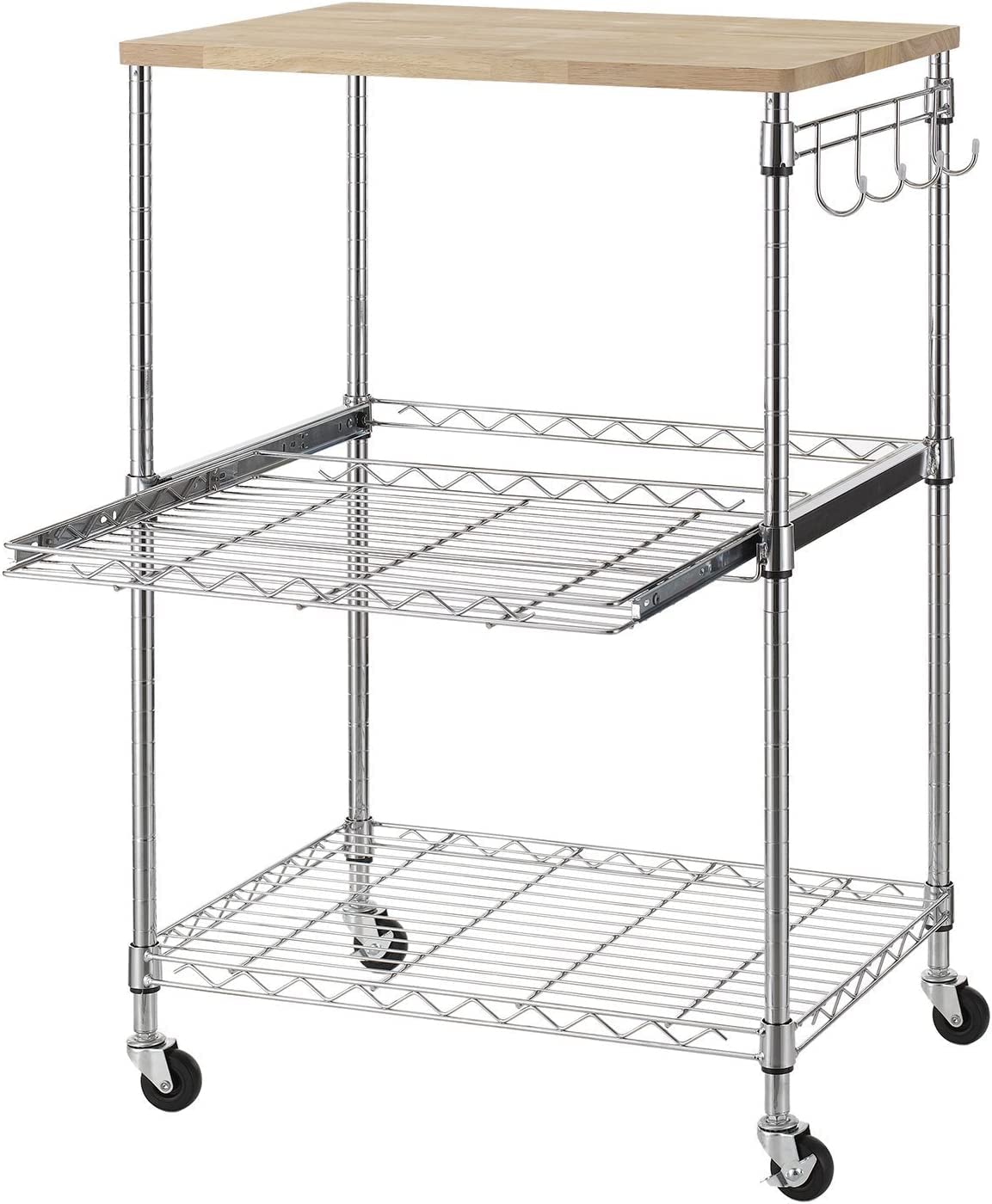 Finnhomy 3-Tier Rolling Kitchen Cart, Microwave Cart with Oak Wood Tabletop and Drawer Slider
