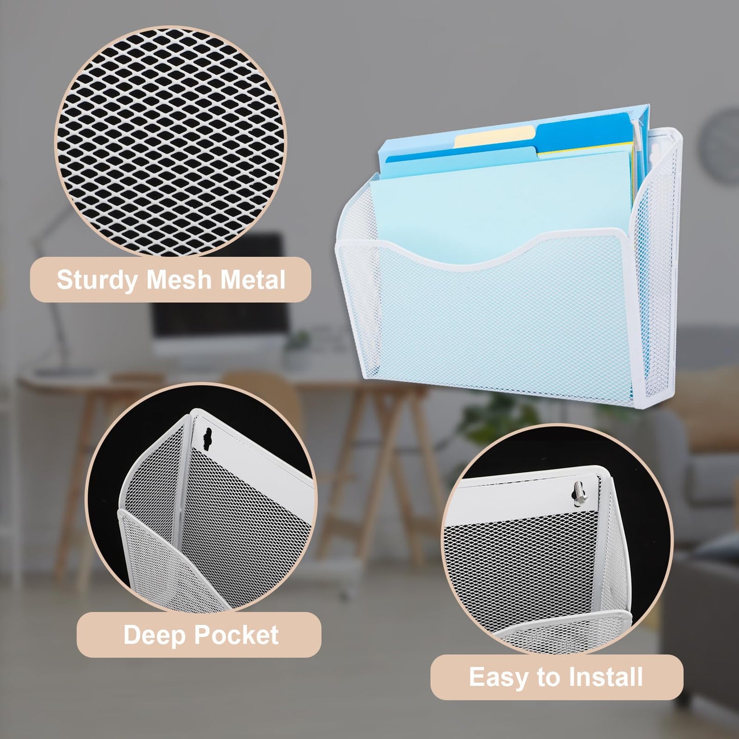 EASEPRES 3 Single Pocket Mesh Hanging File Organizer, Vertical Wall Mounted Magazine File Holder