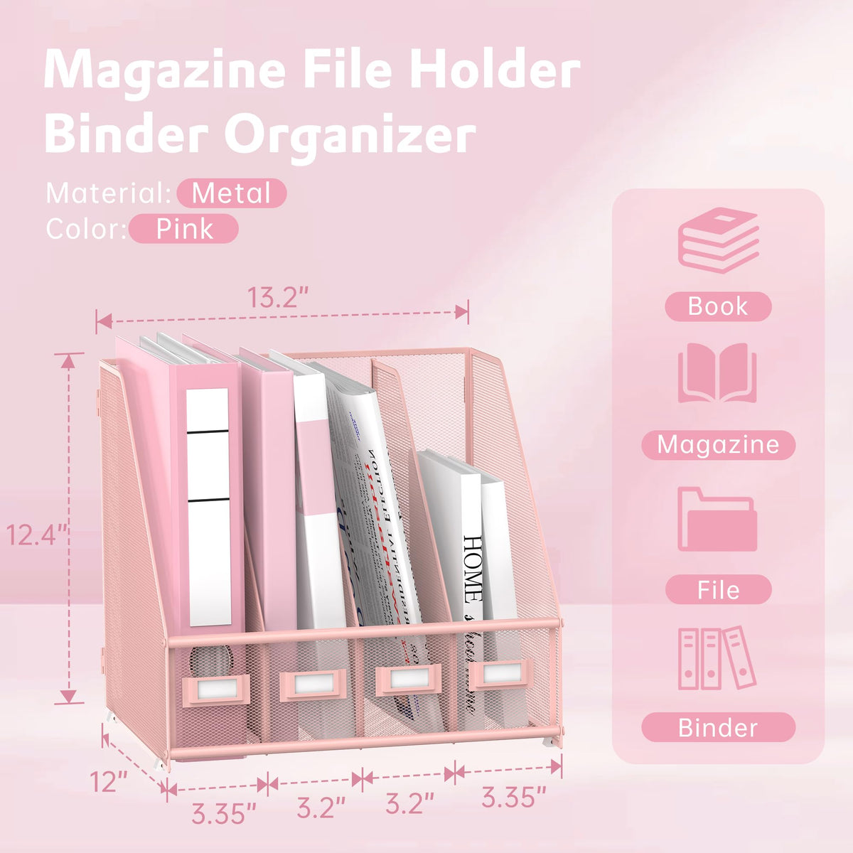 4-Compartment Magazine File Holder and File Organizer for Desk, Pink
