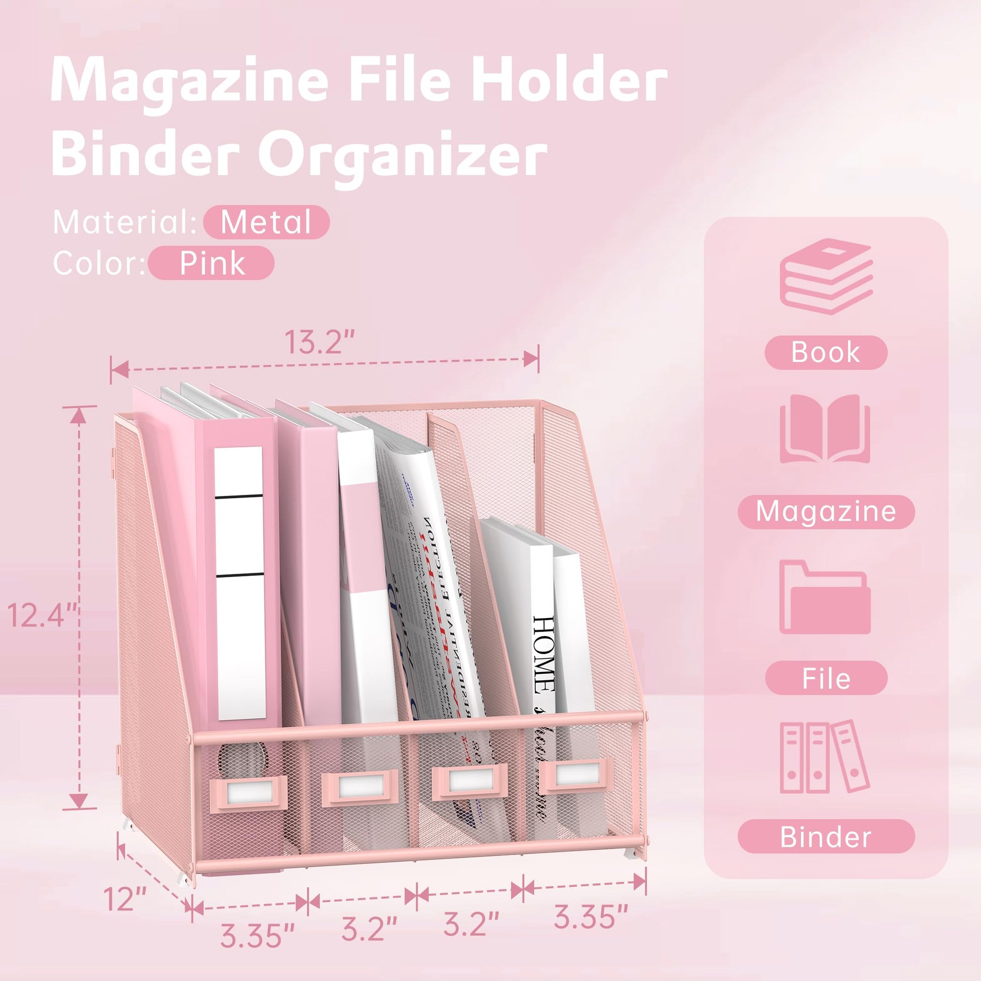 4-Compartment Magazine File Holder and File Organizer for Desk, Pink