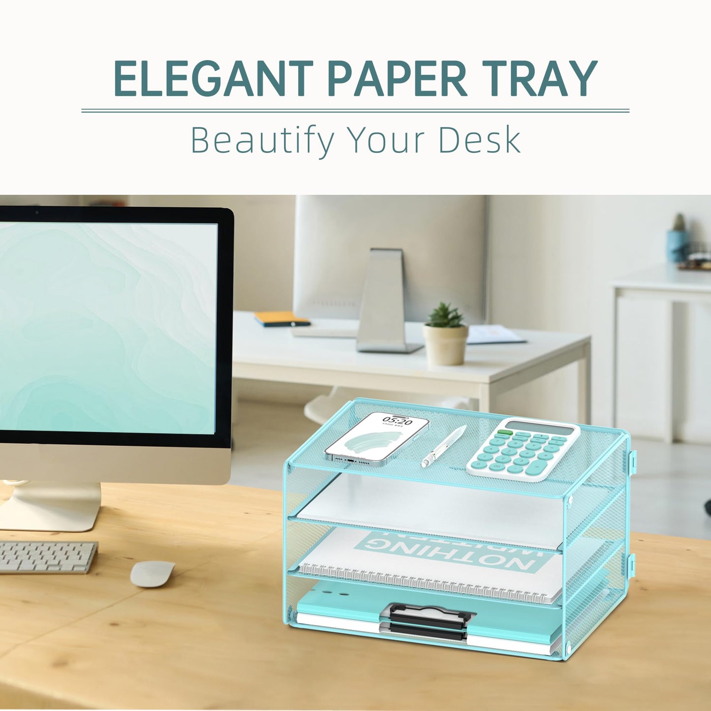 DALTACK 3 Tier Letter Tray Paper Organizer with Sliding Mesh Trays Blue