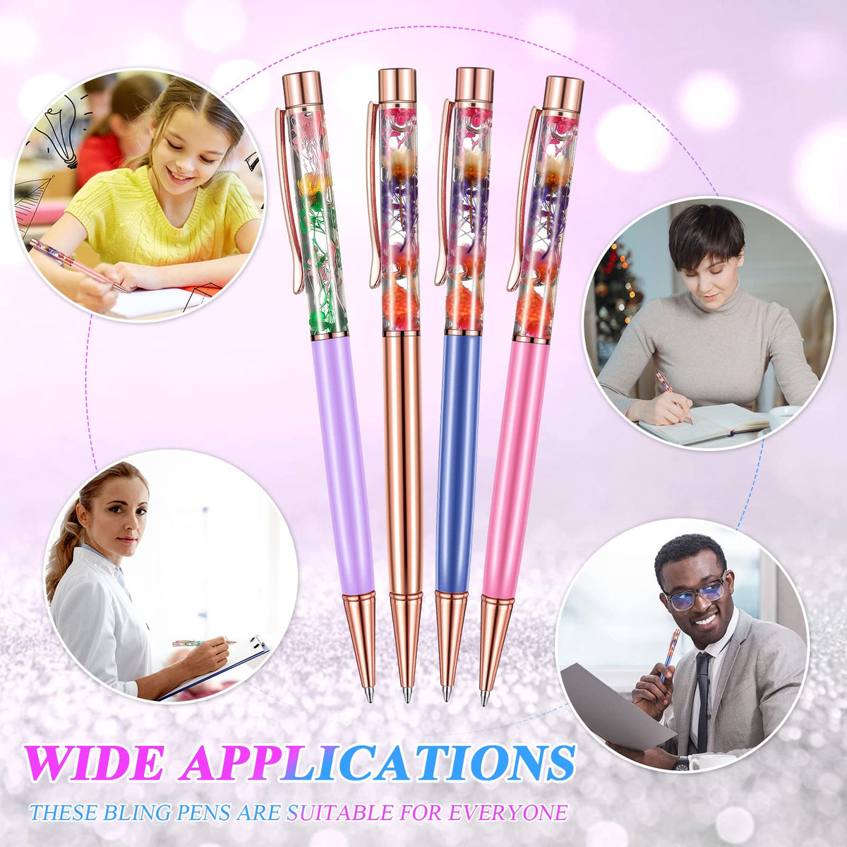 HESTYA 16 Pcs Glitter Crystal Ballpoint Pens Bulk for Women, Flower Style