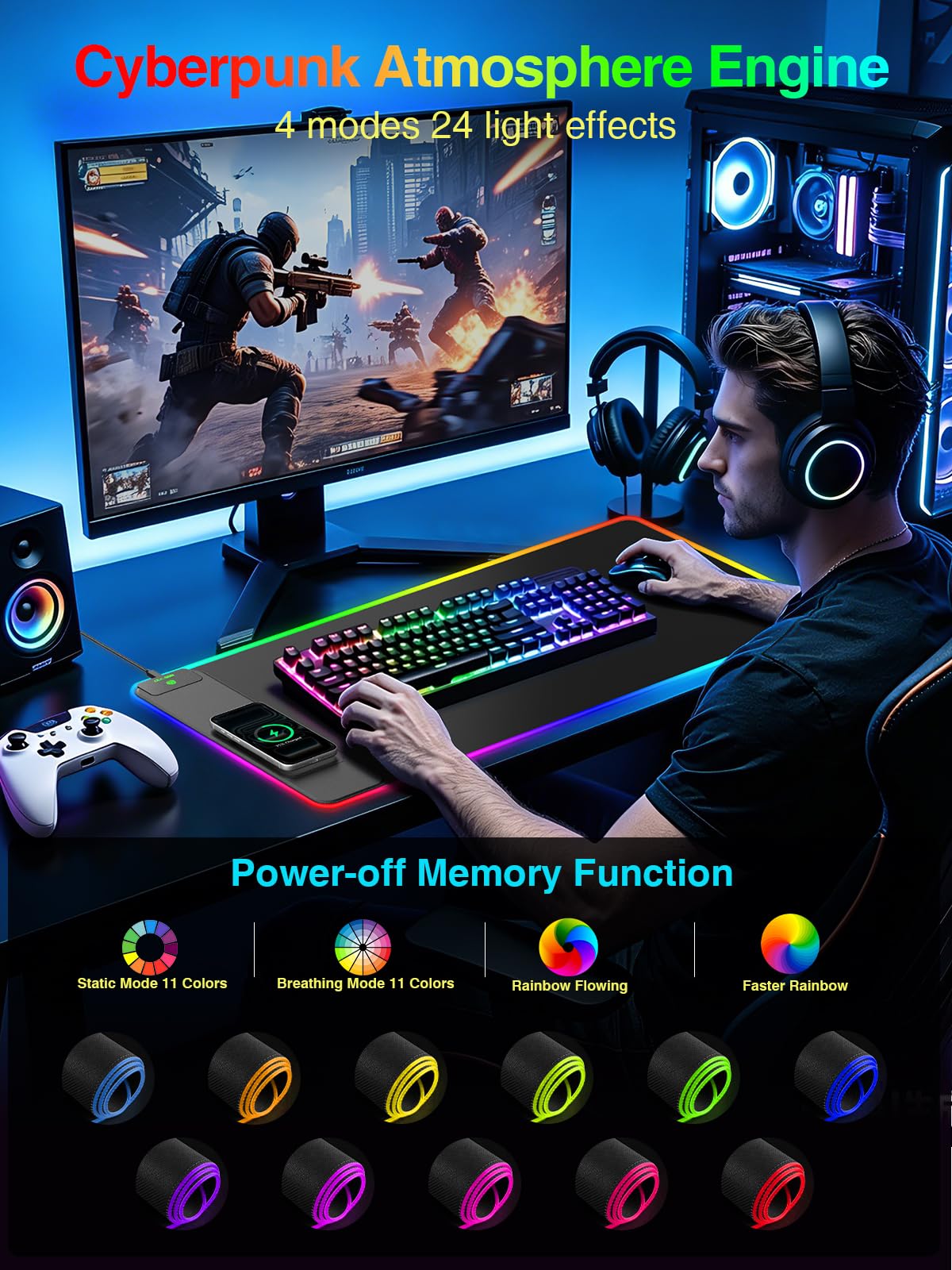 Wireless Charging Mouse Pad Gaming, 31.5"x15.8" Large Desk Mat, Waterproof