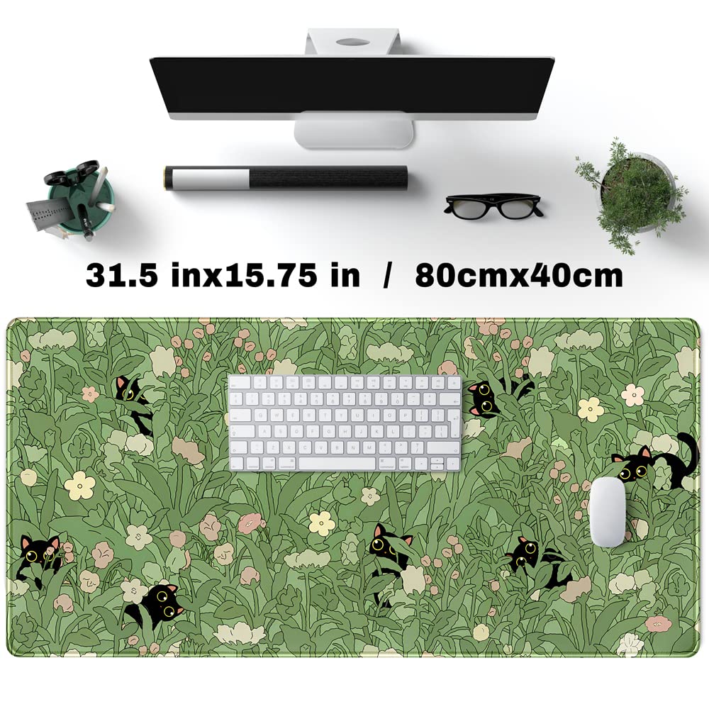 YKJWW Green Desk Mat Cat Cute Flower Plant Cool Desk Pad XXL Keyboard Mat