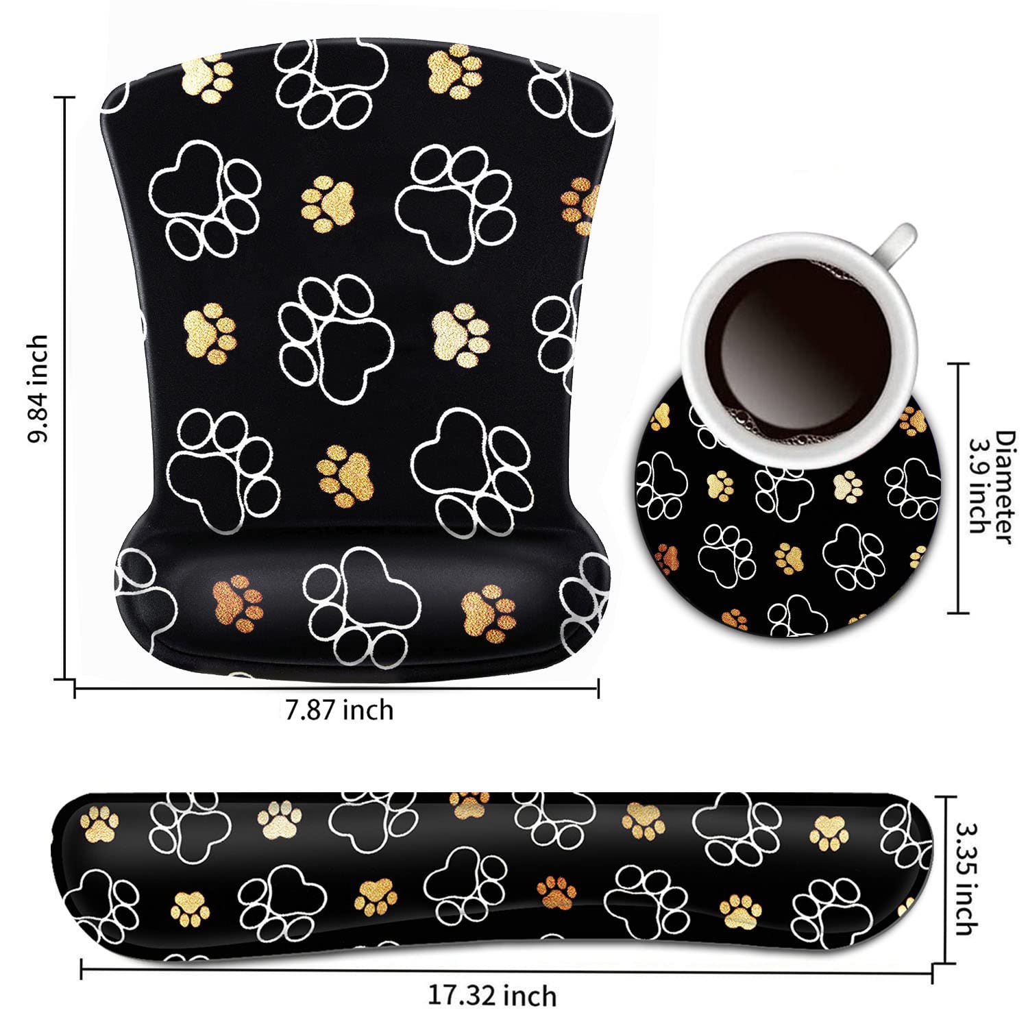 Keyboard Wrist Rest and Mouse Pad Wrist Support Set,Cute Dog Paw Prints Gold White Ergonomic Gel