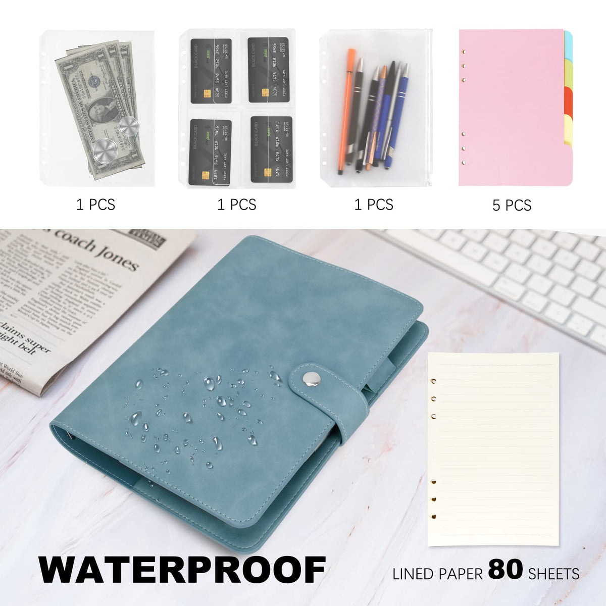 FYY A5 Binder Refillable Planner Notebook 6 Ring, Blue