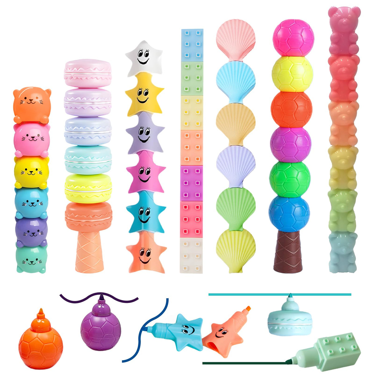 CNYMANY 7 packs (38 pcs) Mini Highlighter Pens, Pastel Colourful Highlighter Cute Stackable Kawaii