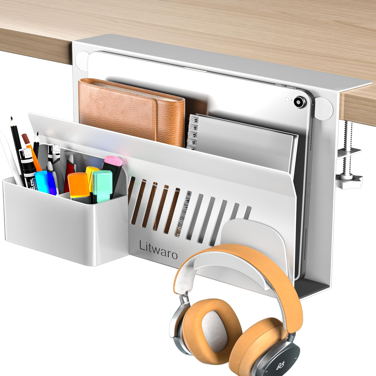 Litwaro Desk Side Storage Organizer, Under Desk Laptop Holder No Drill, Laptop Mount with Magnetic