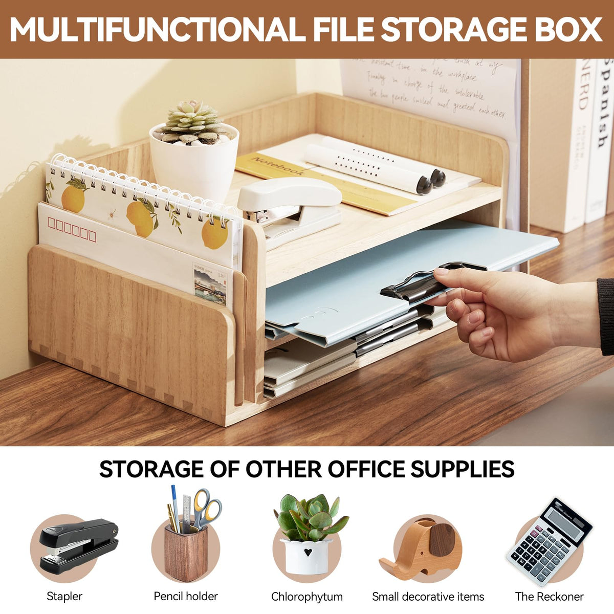 KIRIGEN Wood Desk Organizer, 5-Tray Letter Tray and Mail Sorter Natural 2TP